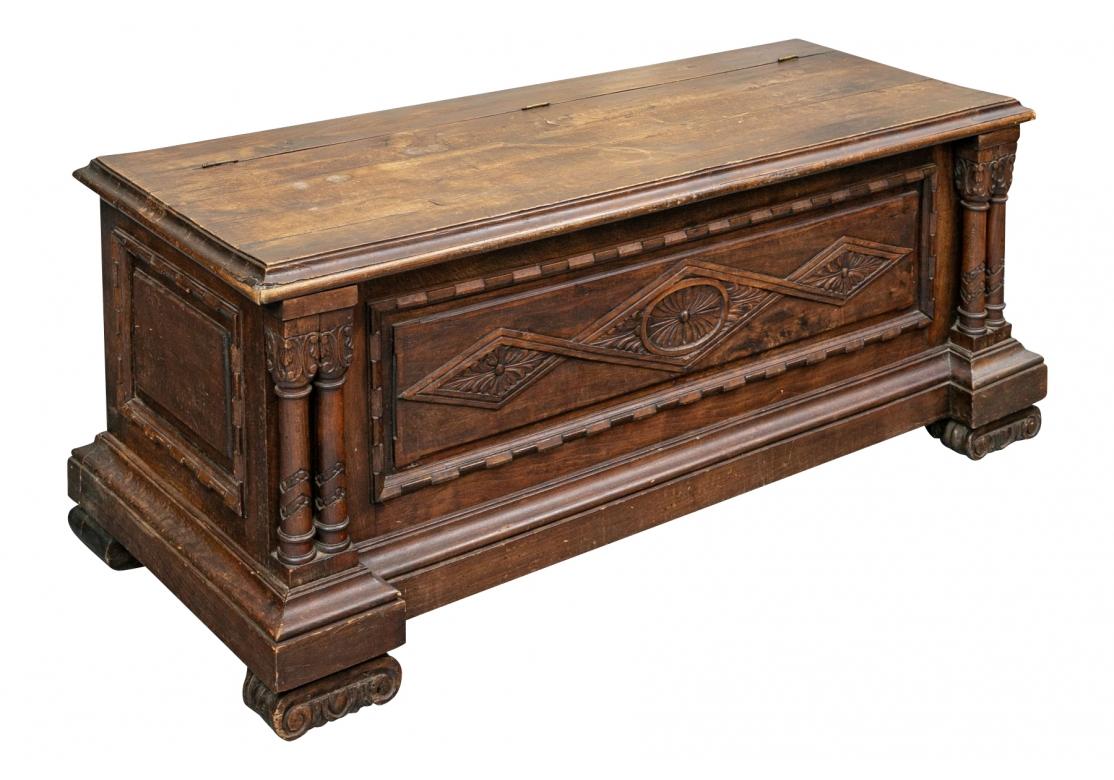 Antique Rustic Carved Wood Chest as Cocktail Table For Sale 4