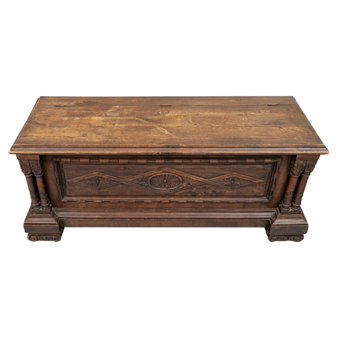 Antique Rustic Carved Wood Chest as Cocktail Table For Sale