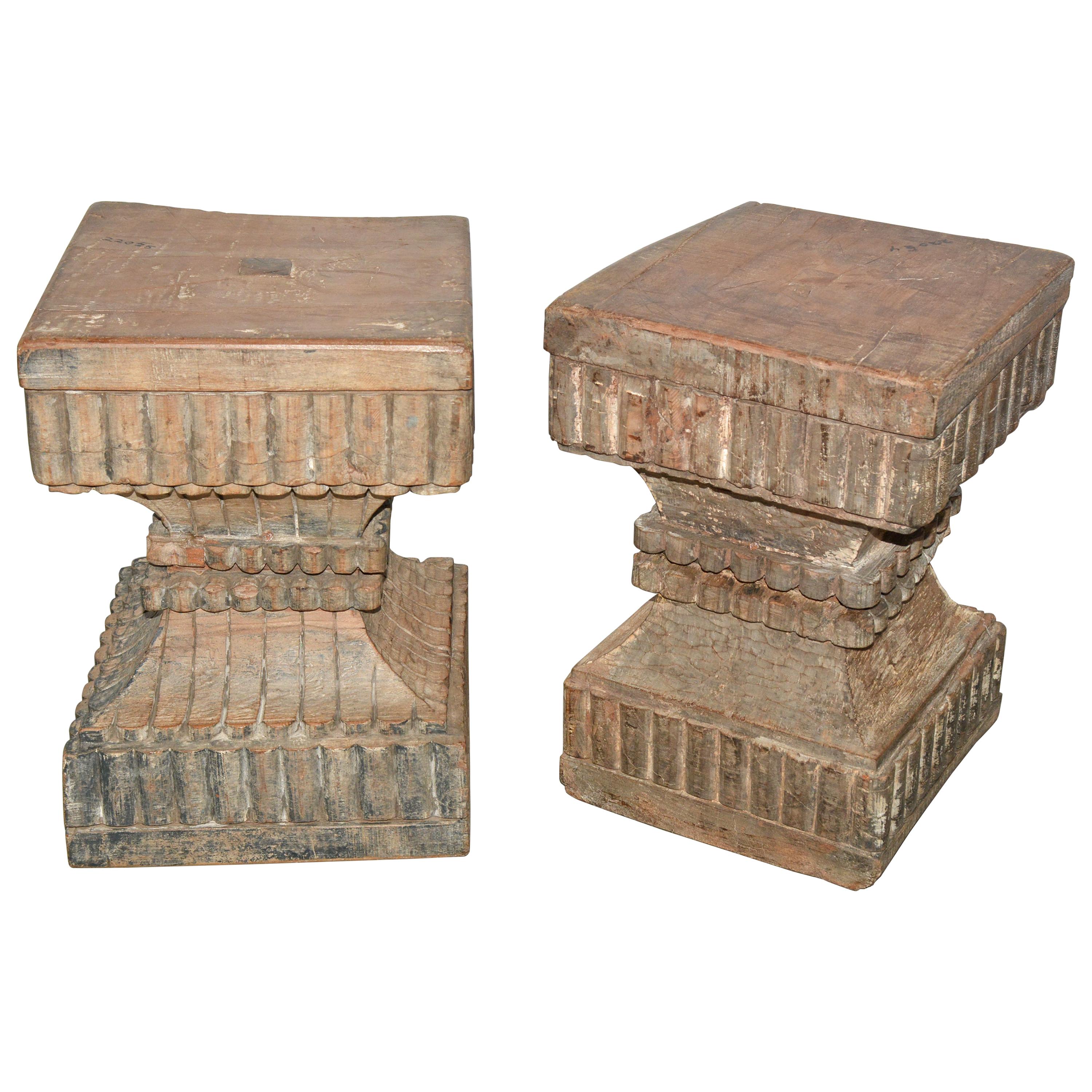 Antique Rustic Carved Wood Side Tables, Sold Singly
