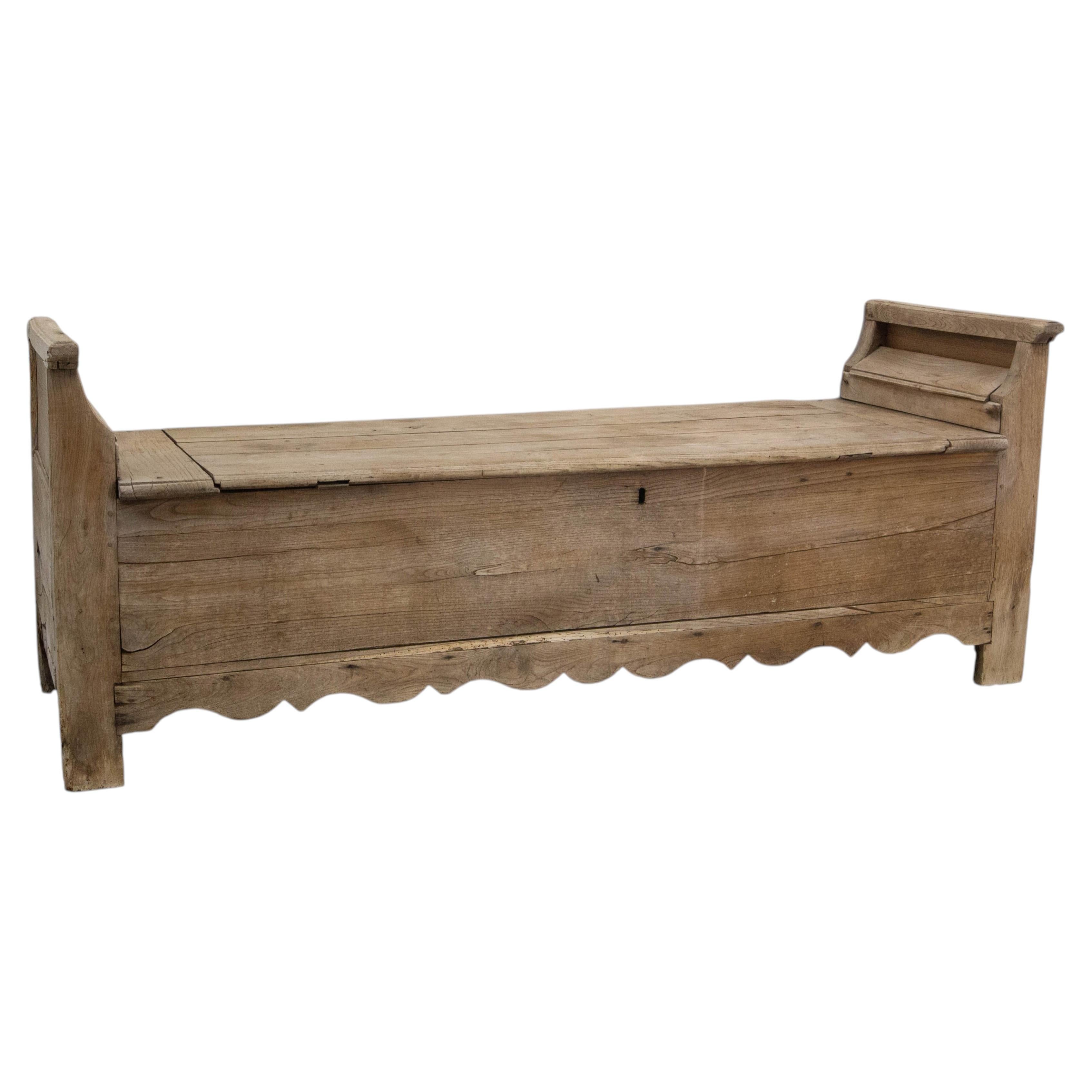 Antique Rustic Coffer Storage Bench, Oak Bed Footboard Chest Breton French
