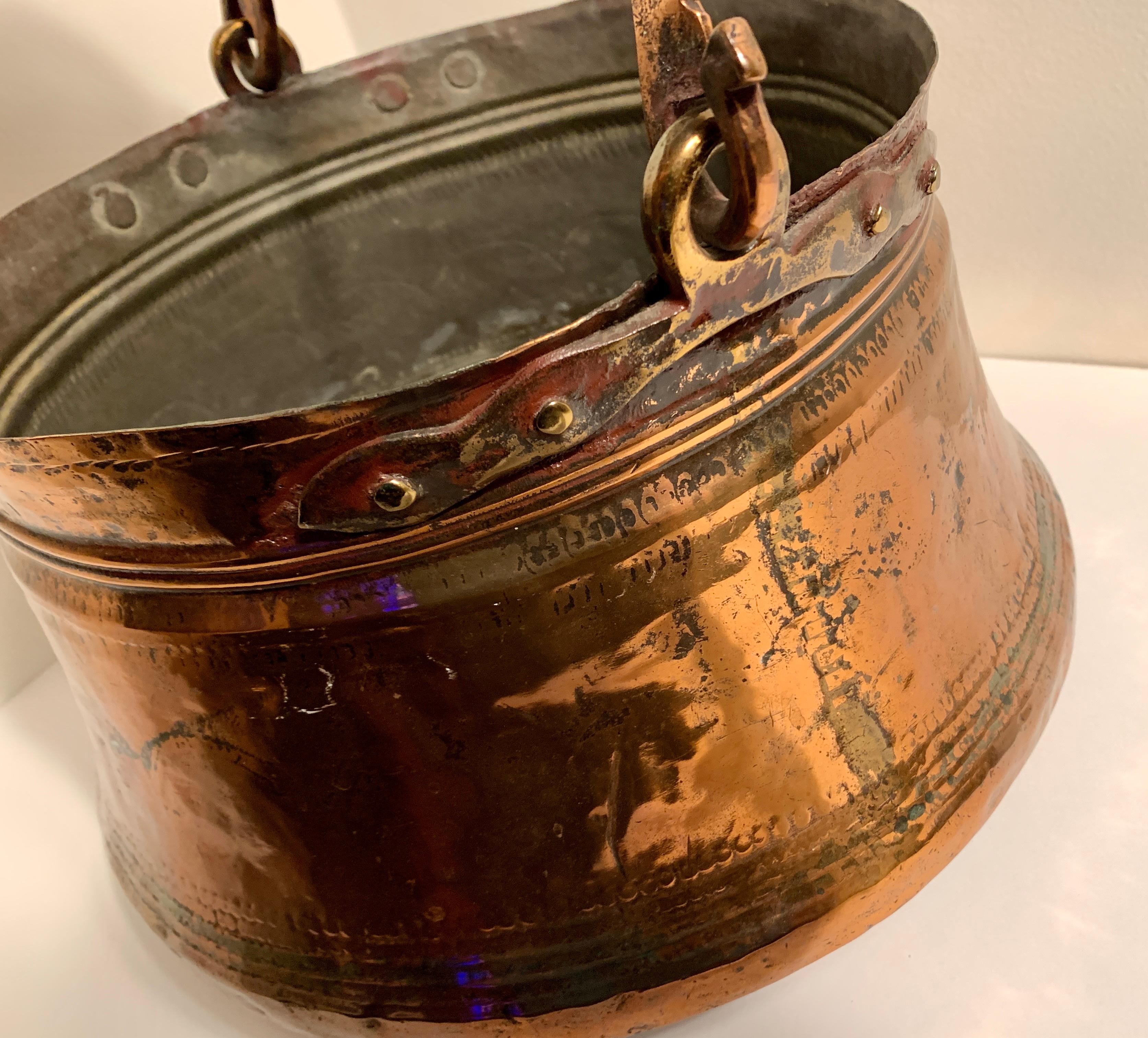 19th Century Antique Rustic Copper Cauldron With Handle