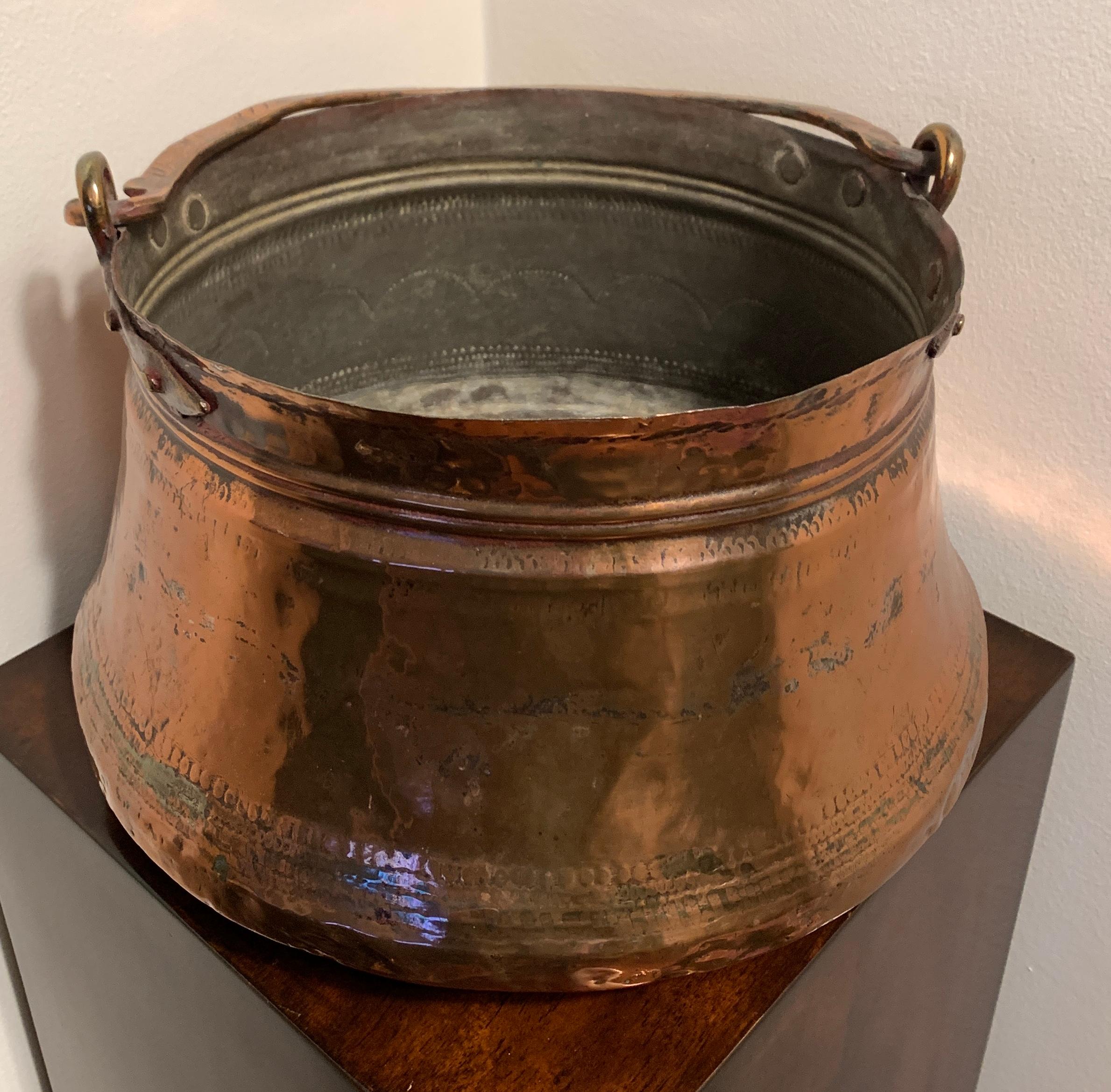 Antique Rustic Copper Cauldron With Handle 2