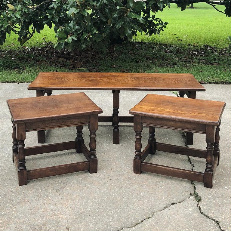 Oak Antique Rustic Country French Nesting Coffee Table Set For Sale