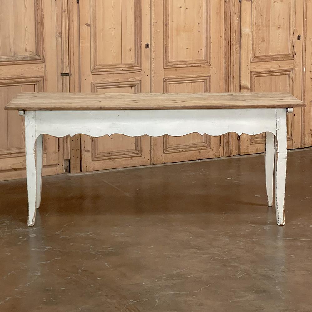 Antique rustic country French painted sofa table with stripped pine top is the perfect choice for the casual decor! Hand-crafted from solid planks of old-growth pine, the top has been stripped to reveal the natural beauty of the grain, while the
