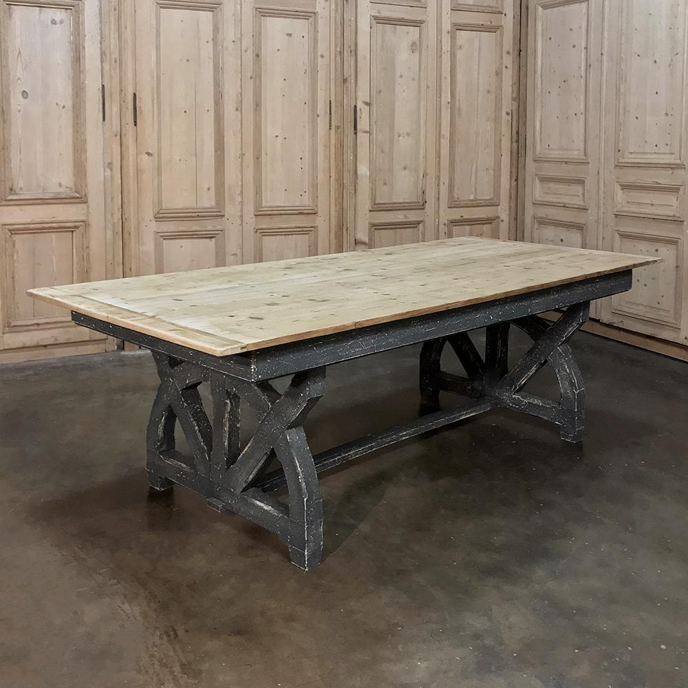 Hand-Crafted Antique Rustic Country French Pine Wagon Wheel Trestle Table For Sale