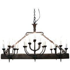 Antique Rustic Country French Wrought Iron and Timber Chandelier