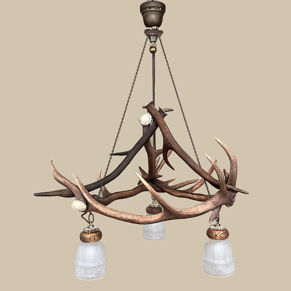 Antique Rustic Deer Antler Chandelier was cleverly hand-crafted from antlers found in the forest shed naturally from male deer after the rut each year.  Nature cleverly allowed this group of animals to shed their antlers that are frequently damaged