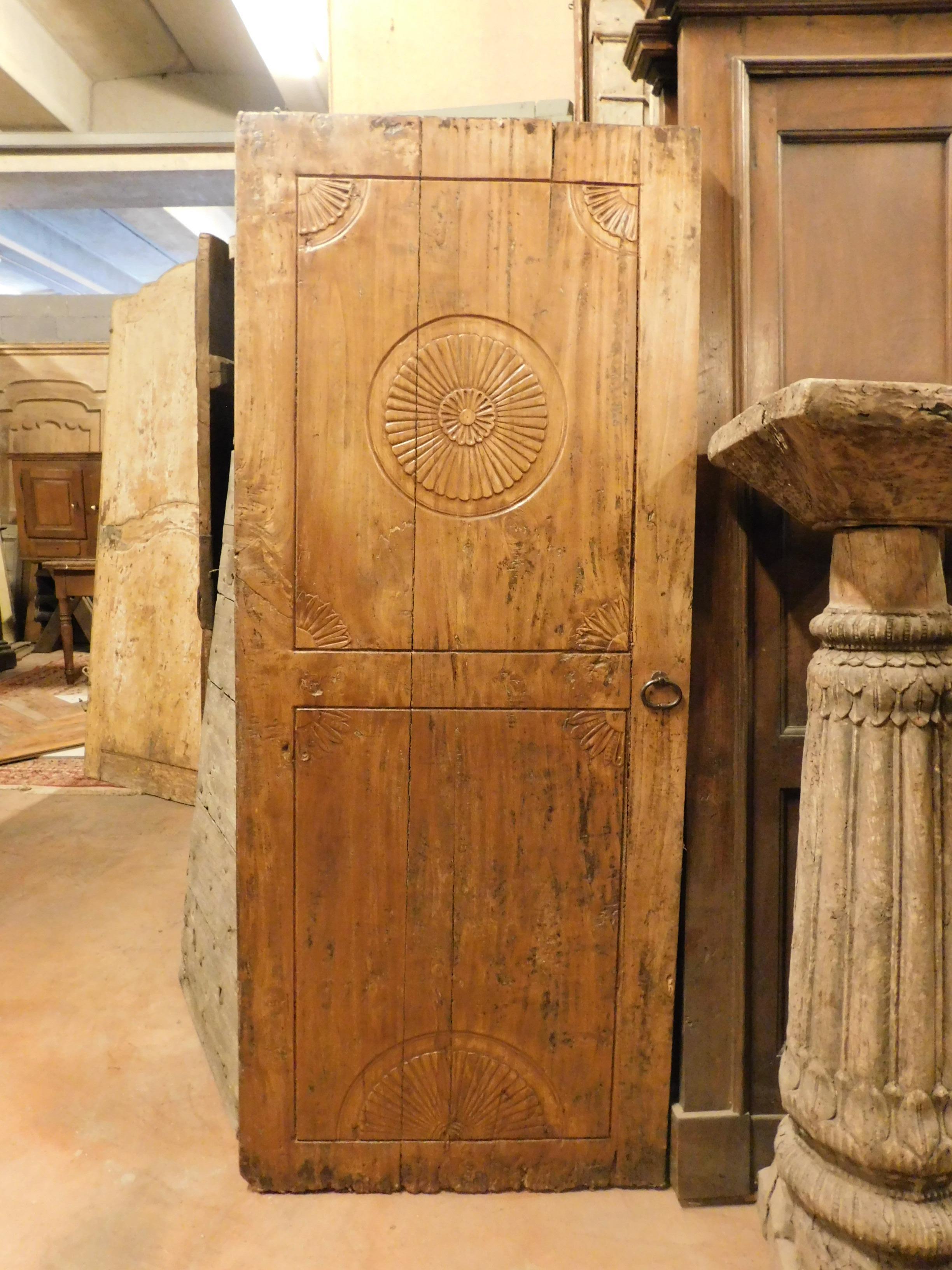 Italian Antique Rustic Door in Poplar with Carved Flower Decorations, 19th Century Italy