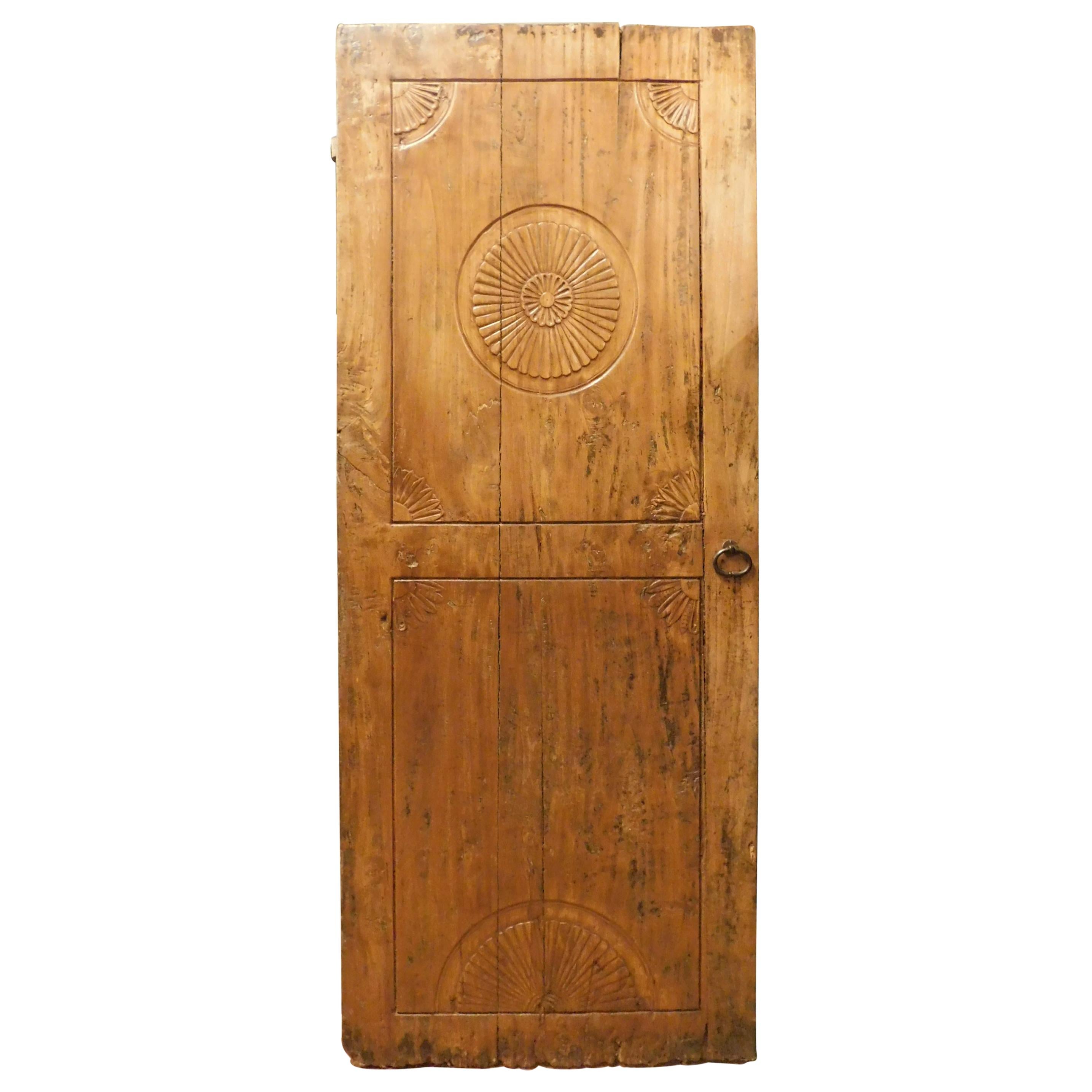 Antique Rustic Door in Poplar with Carved Flower Decorations, 19th Century Italy