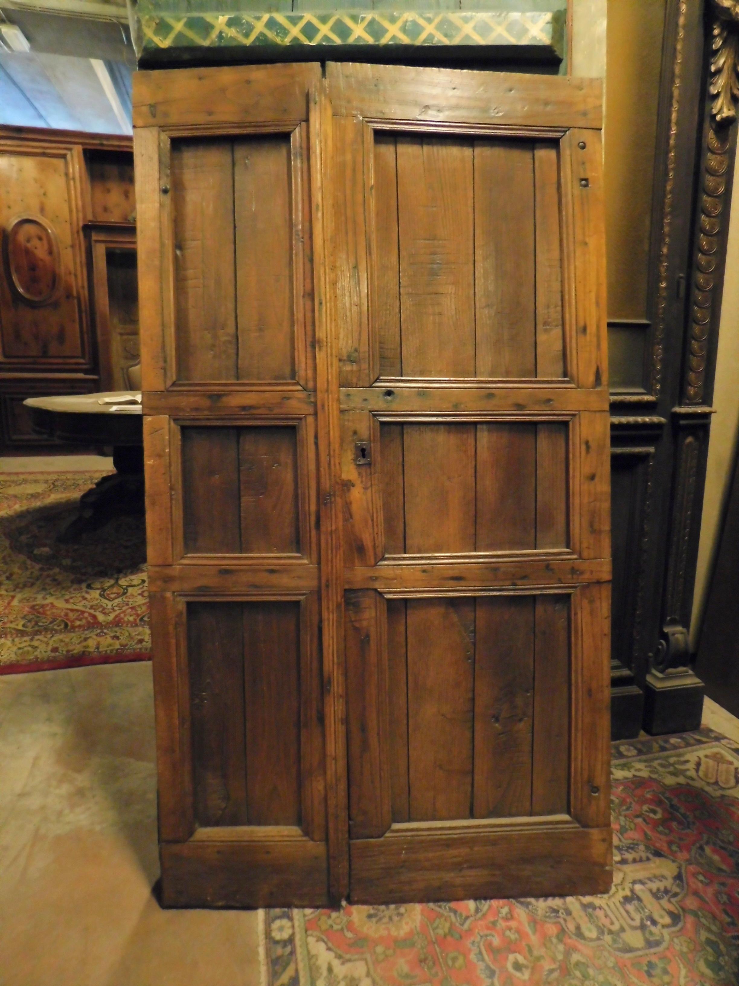 Antike Tür mit doppeltem asymmetrischem Flügel, im rustikalen Stil, aus Lärchenholz mit handgeschnitzten und geschmolzenen Paneelen, glatte Rückseite, aber mit schöner Patina, sie ist niedrig, wie es die Zeit verlangt, gebaut im 19. Jahrhundert für