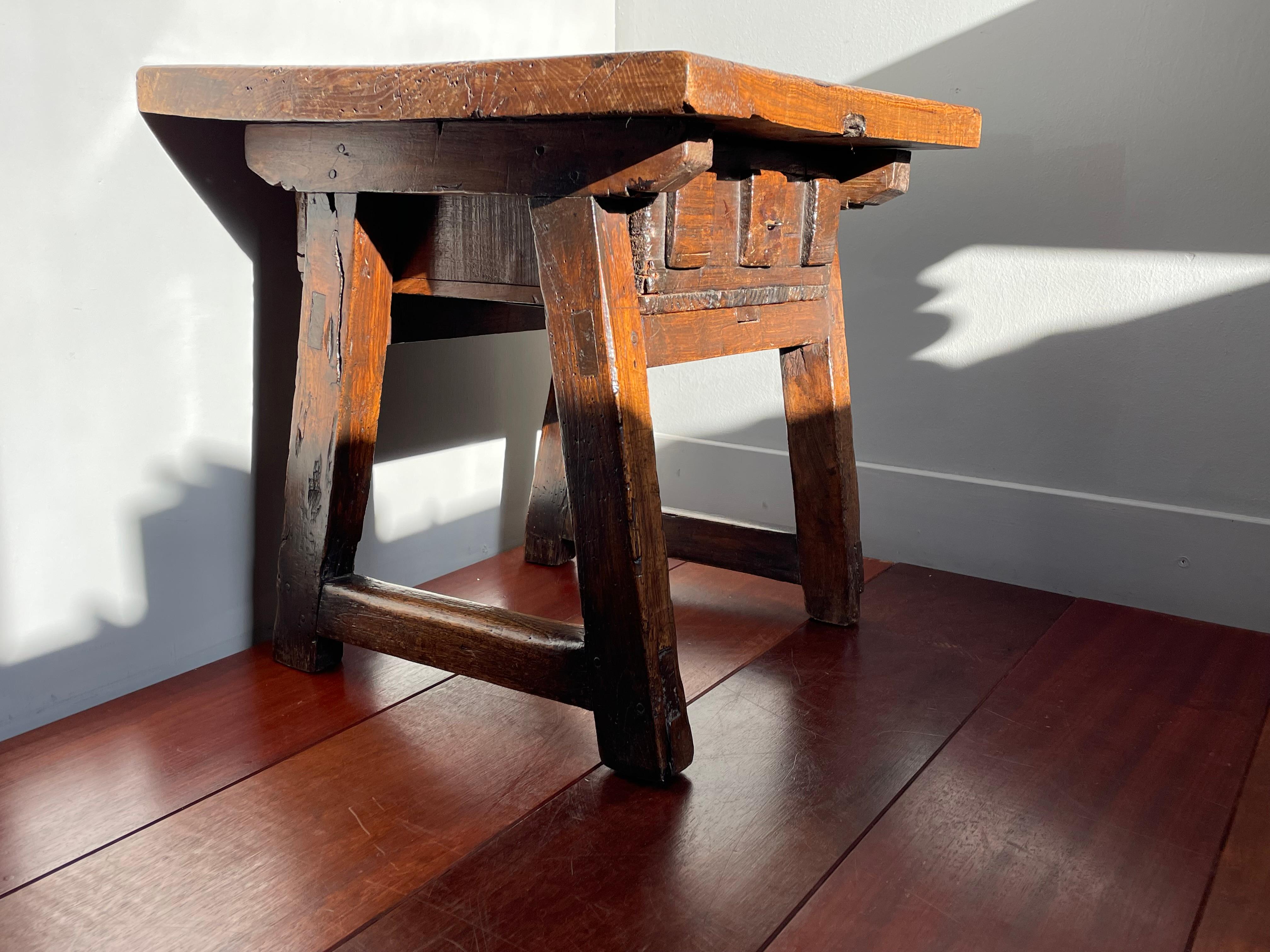 Beautifully time-worn, antique, Southern European, chestnut wood end or side table.

This relatively small size antique table is a joy to look at and the history of this kind of table makes it very interesting as well. Pay tables or paying tables