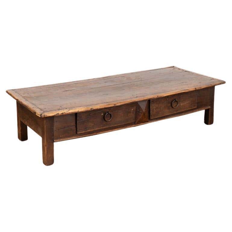 Antique Rustic Elm Coffee Table with Two Drawers For Sale at 1stDibs
