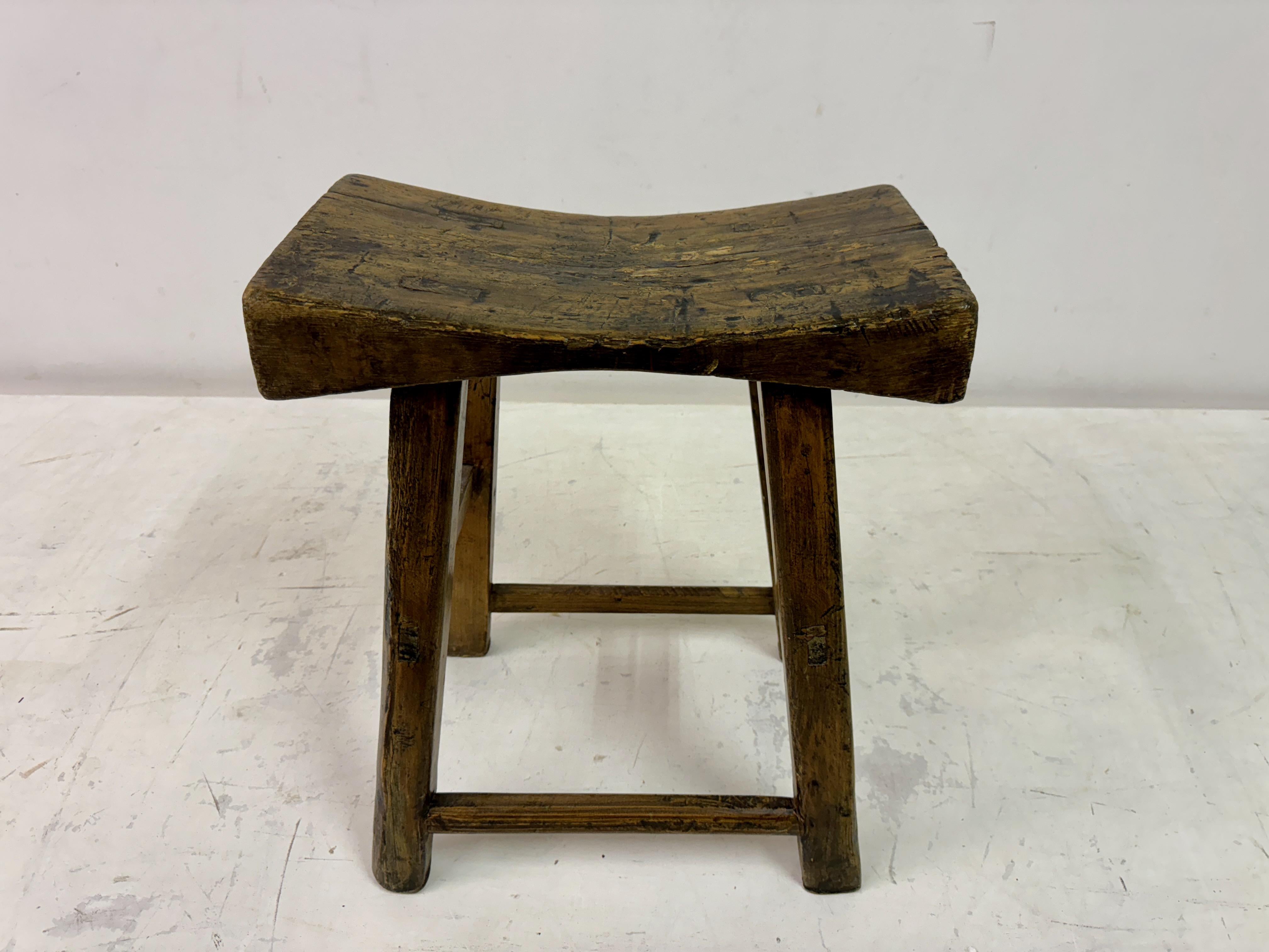 Unknown Antique Rustic Elm Stool For Sale