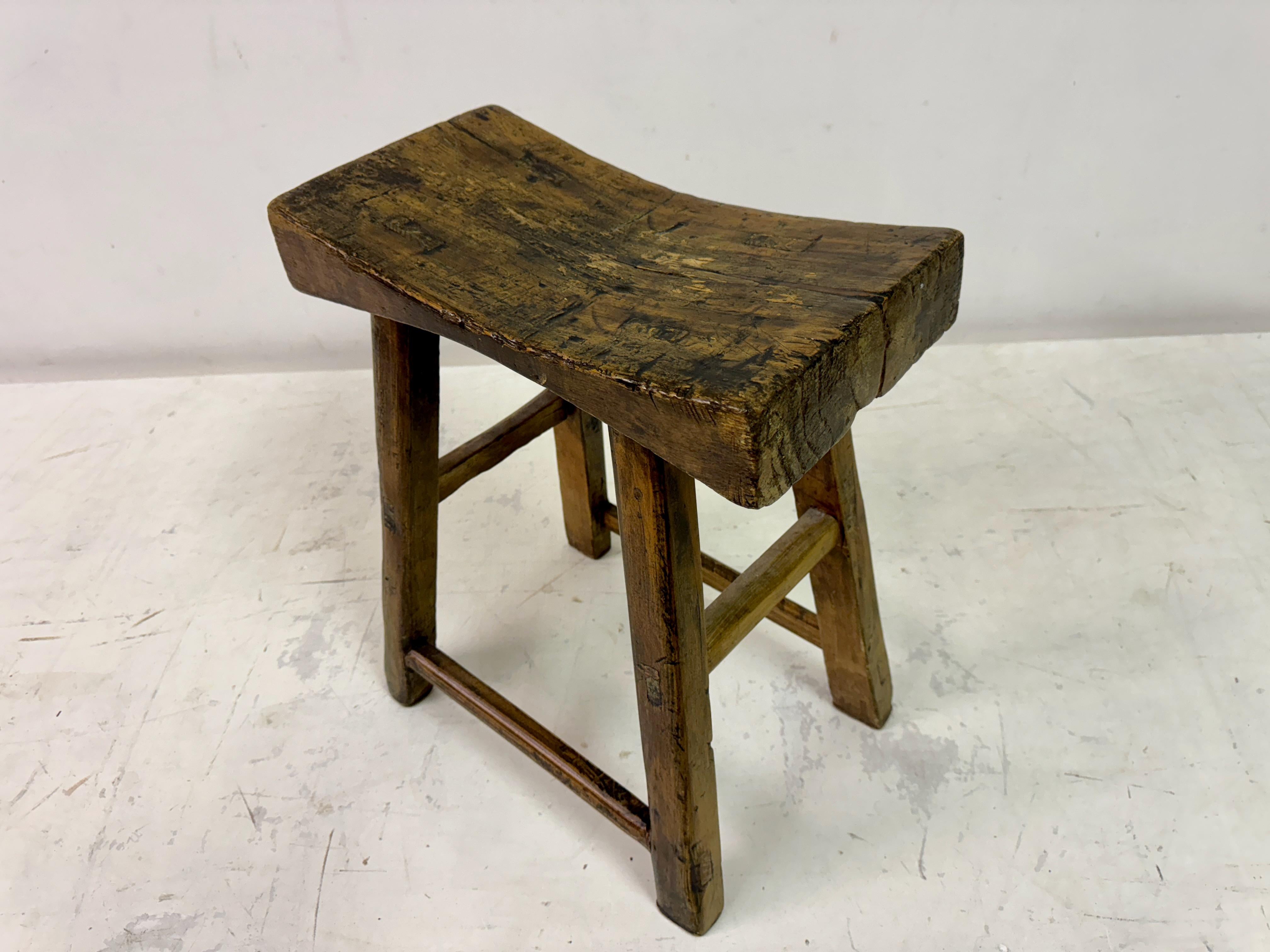 Antique Rustic Elm Stool For Sale 3
