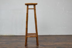 Antique Rustic English Walnut Faux Bamboo Stand with Rattan Shelves, circa 1920