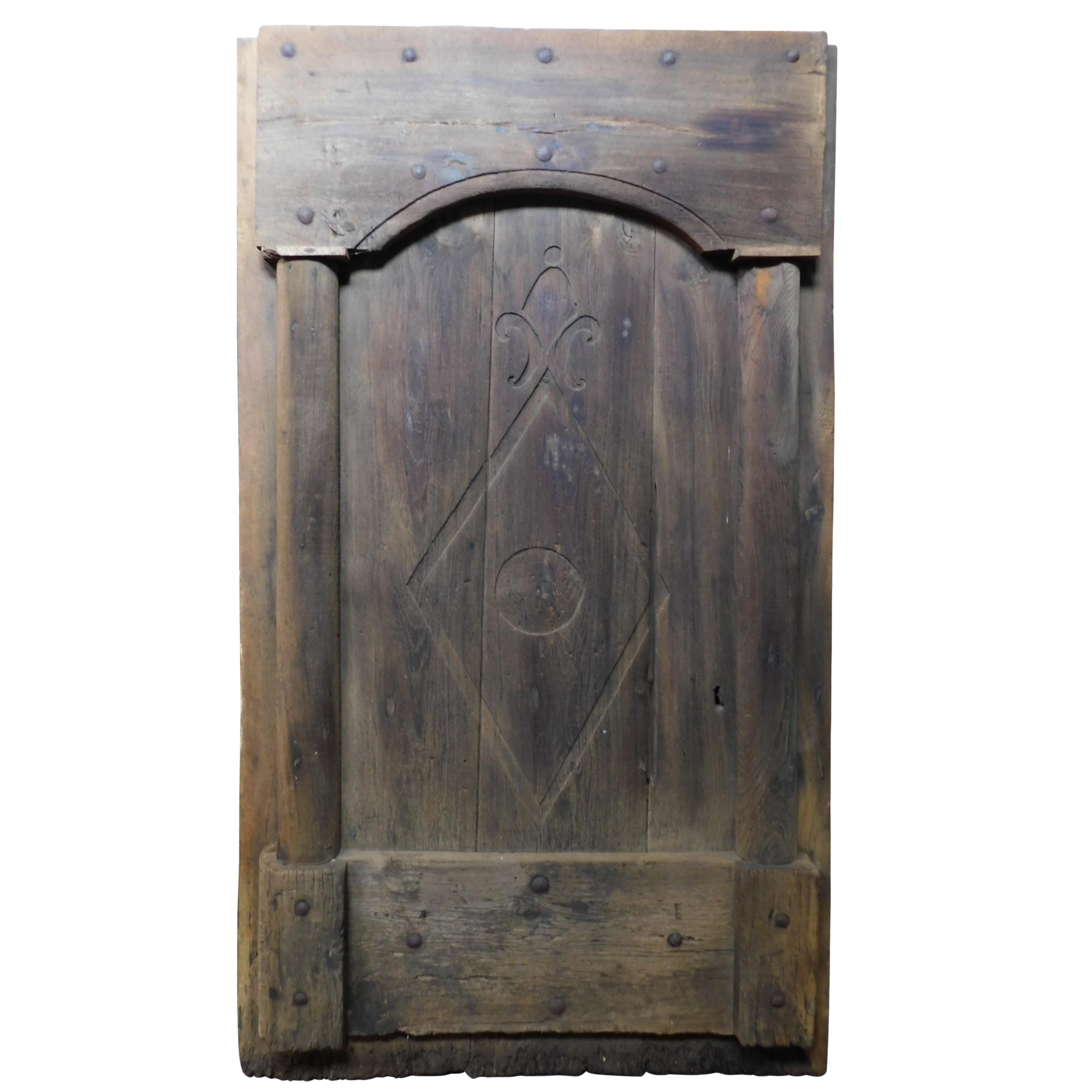 Antique Rustic Entrance Door, Dark Brown Chestnut, Hand Carved, 1800, Italy For Sale