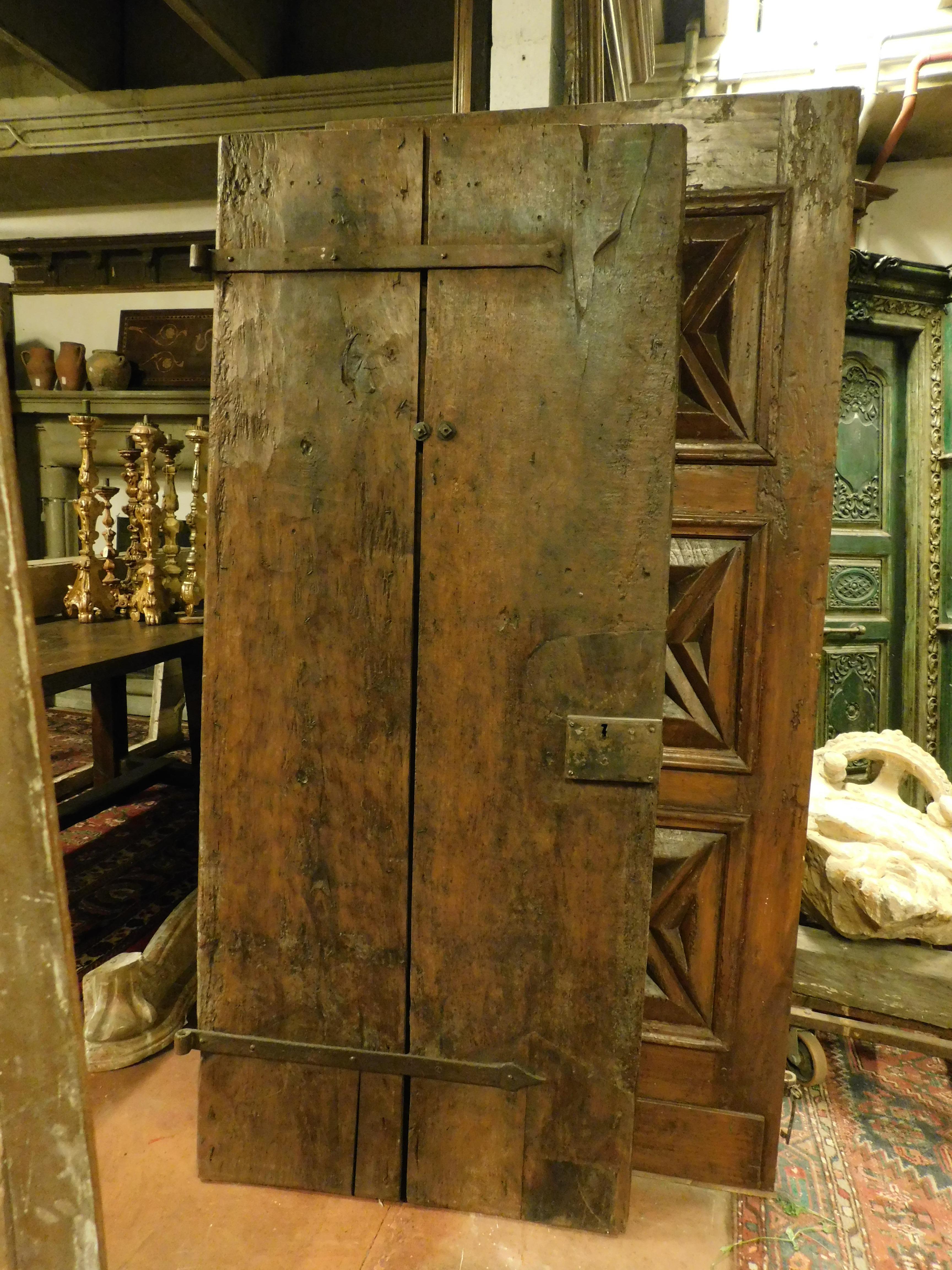 Antique Rustic Entrance Door with Nails and Milling, Brown Walnut, 1700 Italy 4