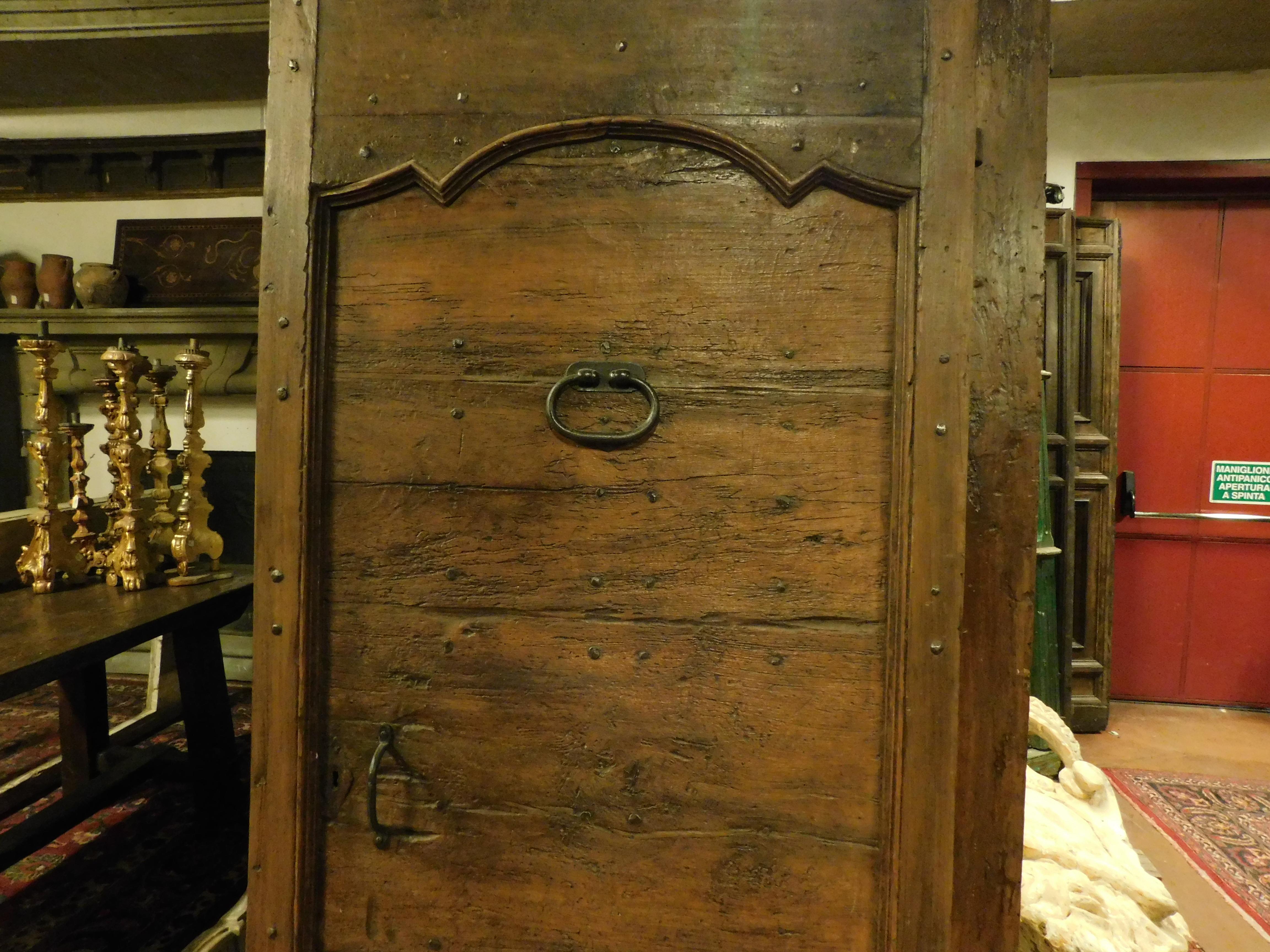 Antique Rustic Entrance Door with Nails and Milling, Brown Walnut, 1700 Italy 6