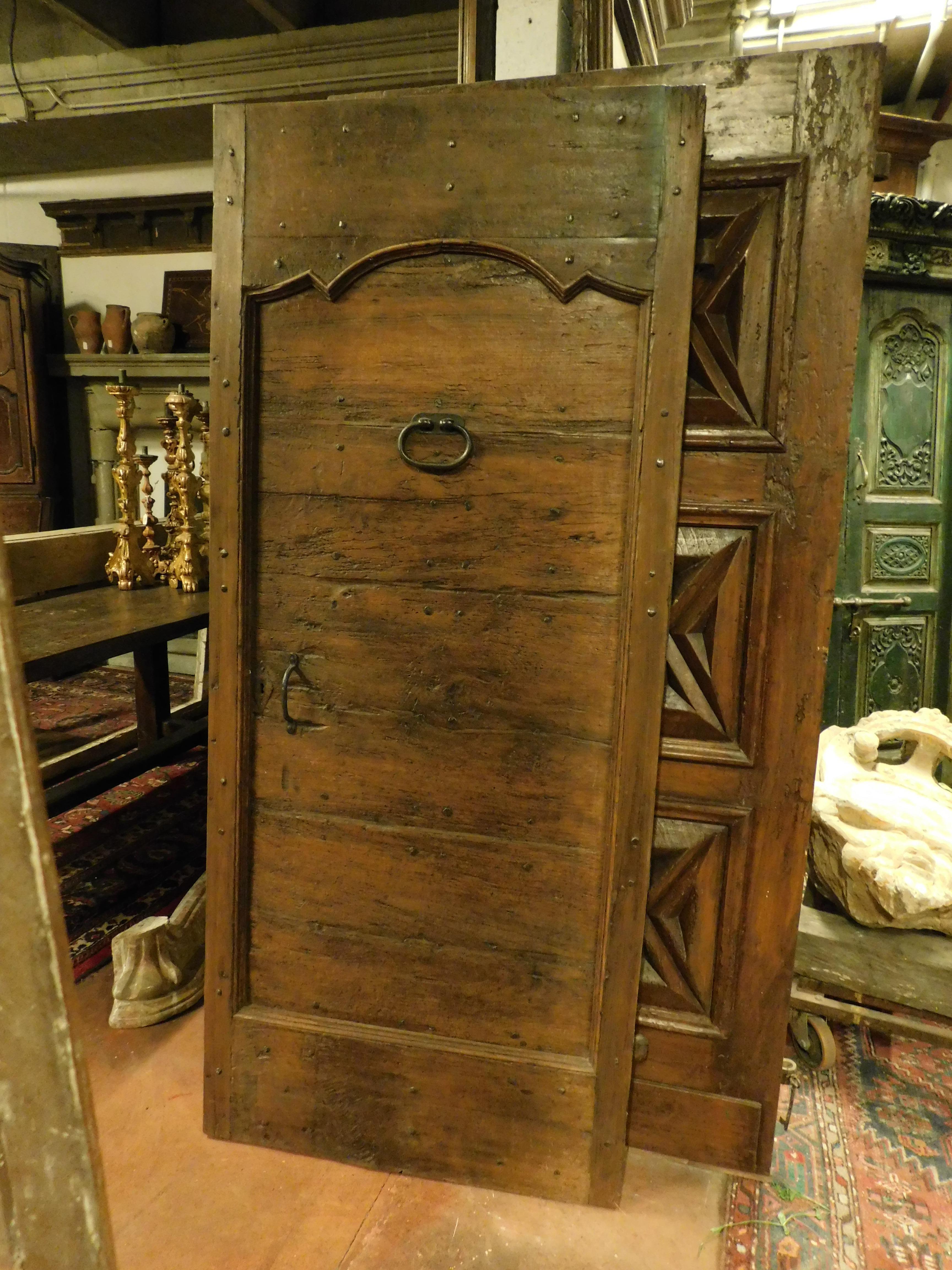 18th Century and Earlier Antique Rustic Entrance Door with Nails and Milling, Brown Walnut, 1700 Italy
