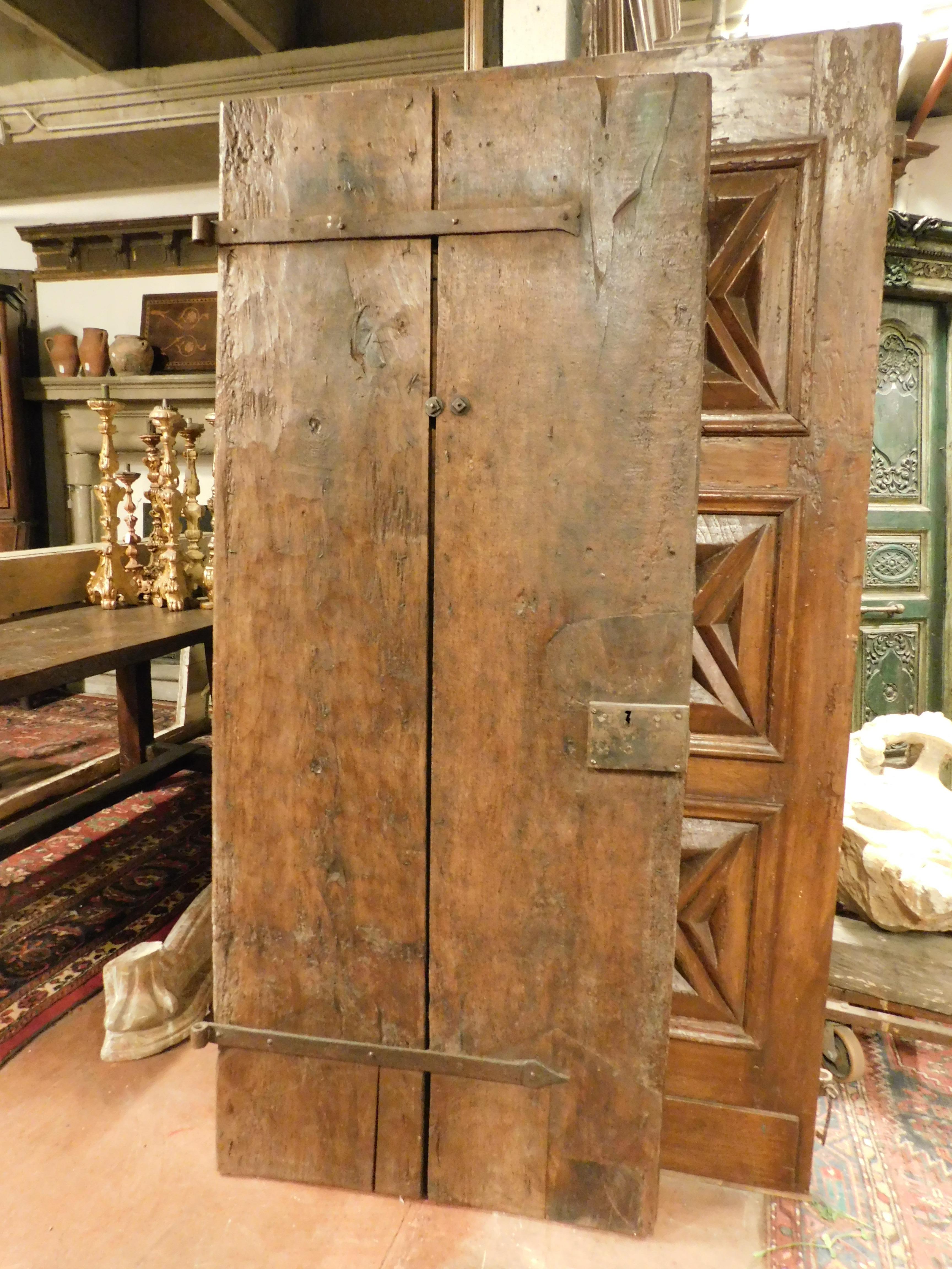 Antique Rustic Entrance Door with Nails and Milling, Brown Walnut, 1700 Italy 1