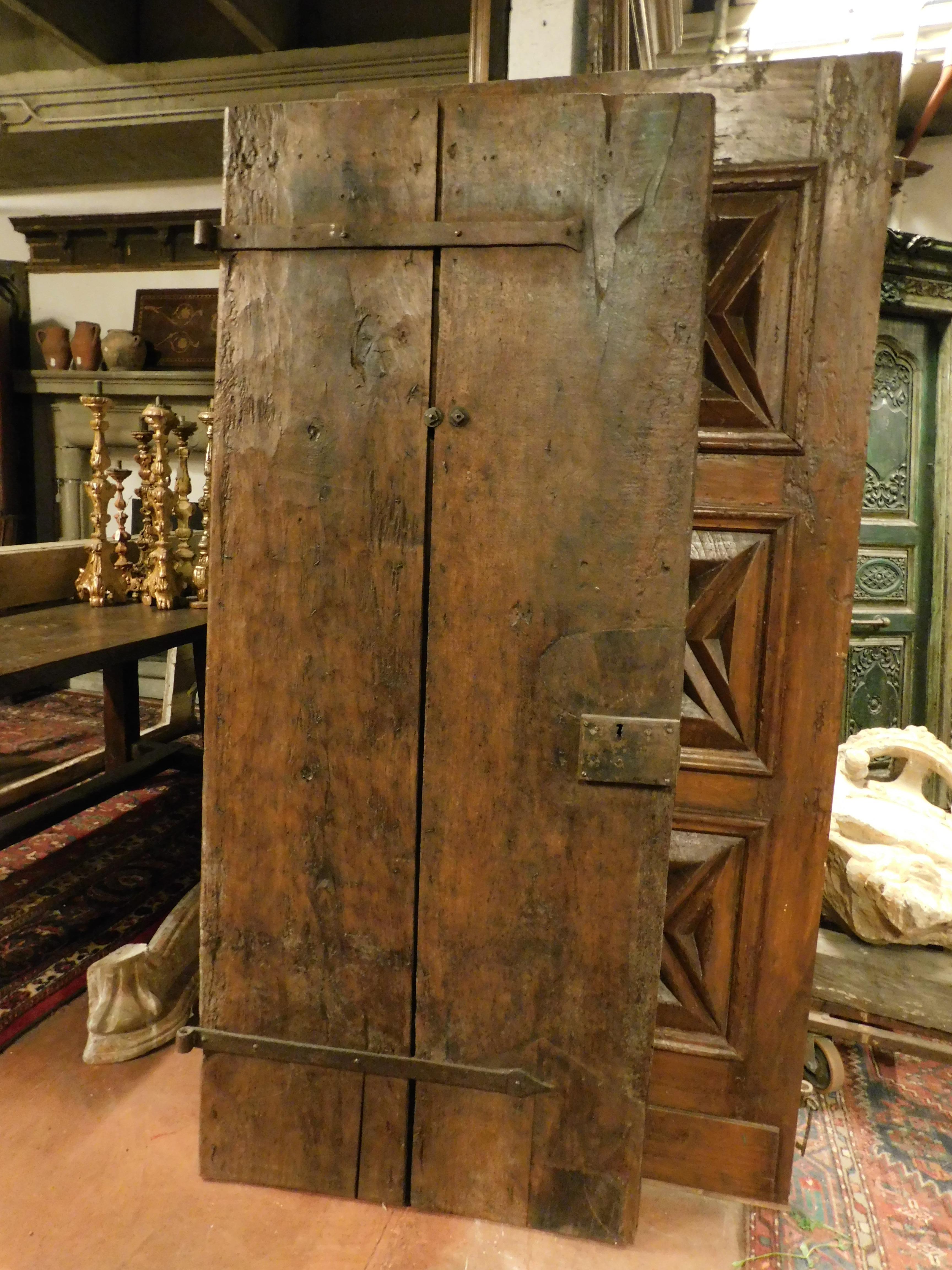 Antique Rustic Entrance Door with Nails and Milling, Brown Walnut, 1700 Italy 2