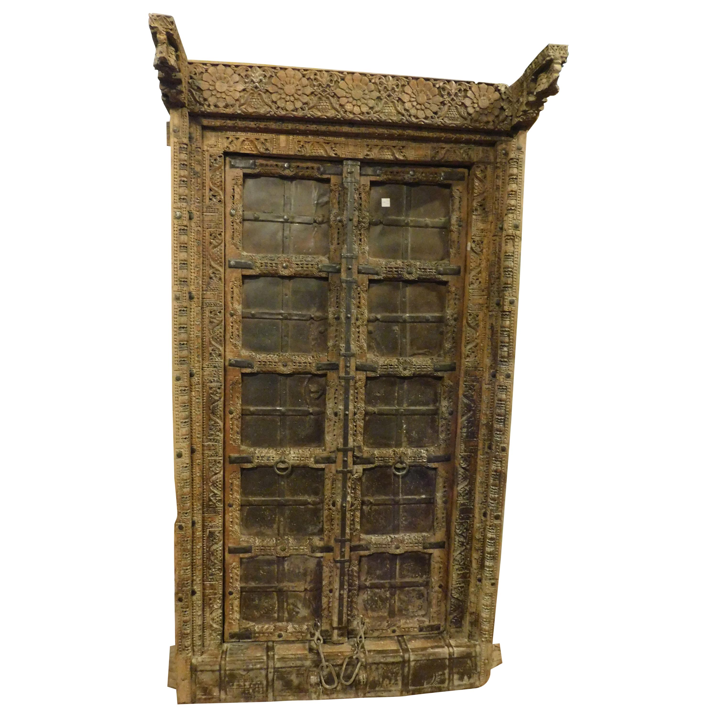 Antique Rustic Ethnic Entrance Door, Brown Carved Wood, India, 1750 For Sale