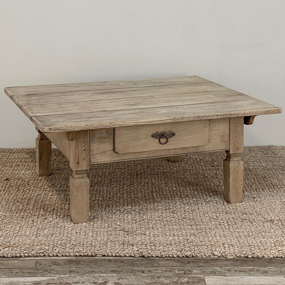 Antique Rustic European Stripped Oak Coffee Table For Sale at 1stDibs