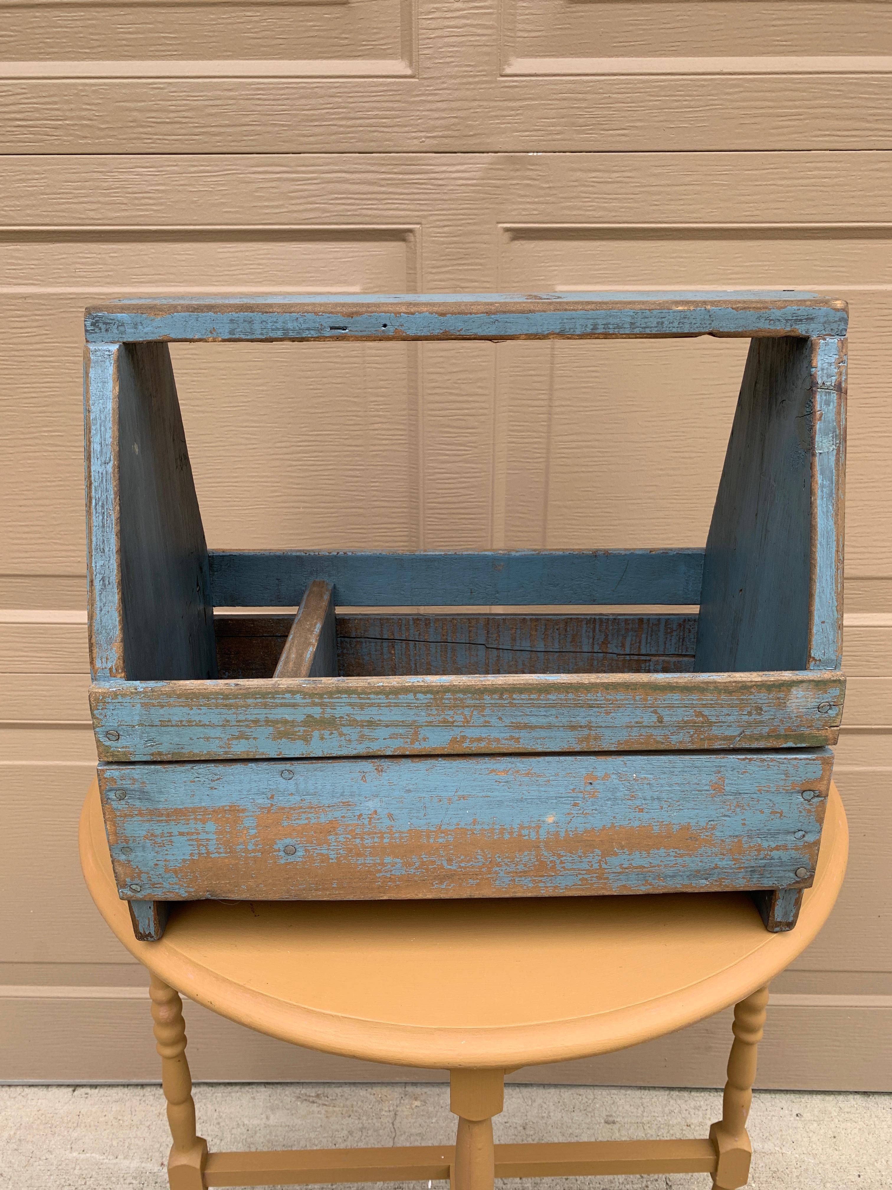 Antique Rustic Farmhouse Blue Wooden Trug or Tool Box For Sale 5