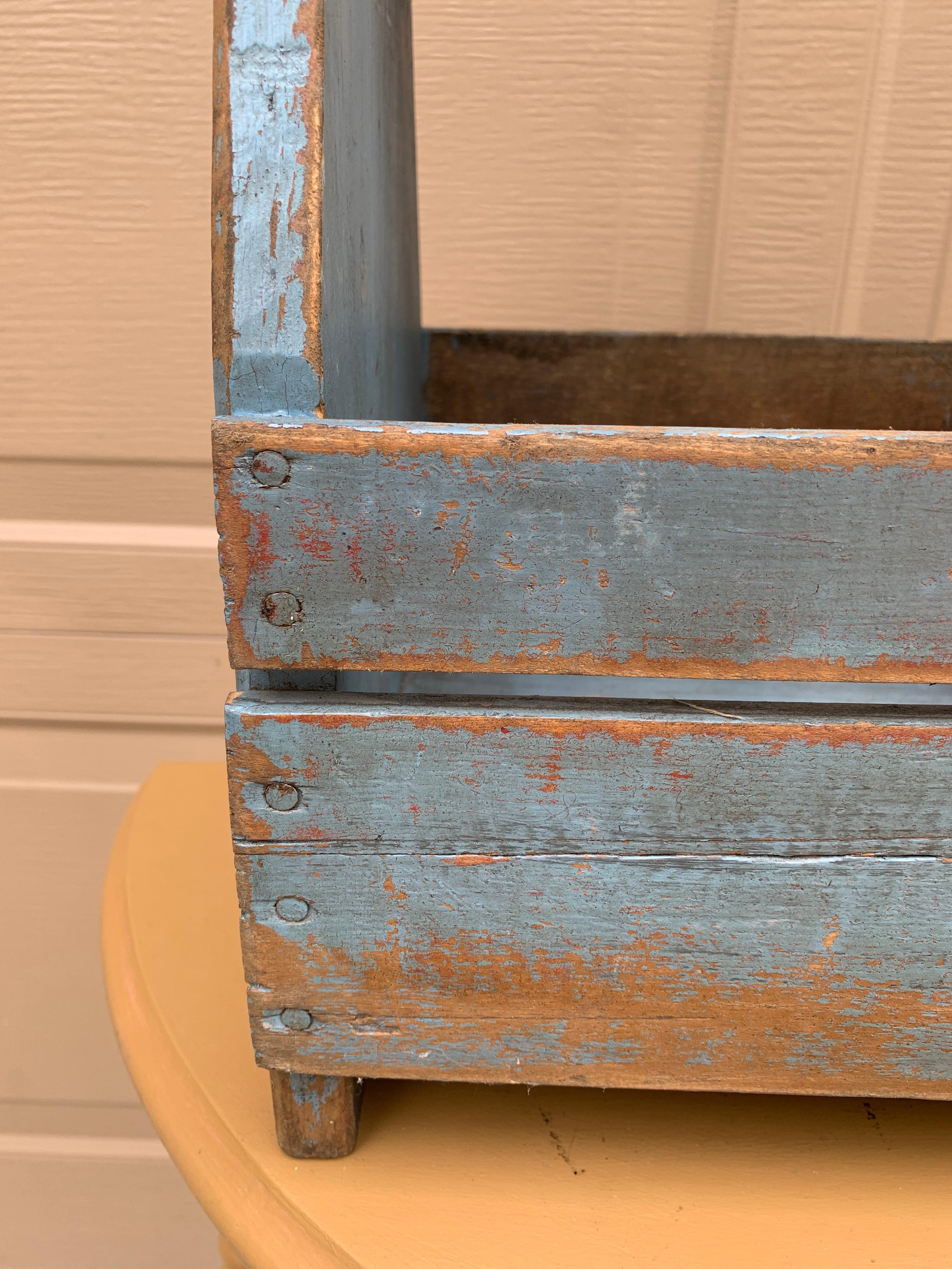 Antique Rustic Farmhouse Blue Wooden Trug or Tool Box For Sale 7