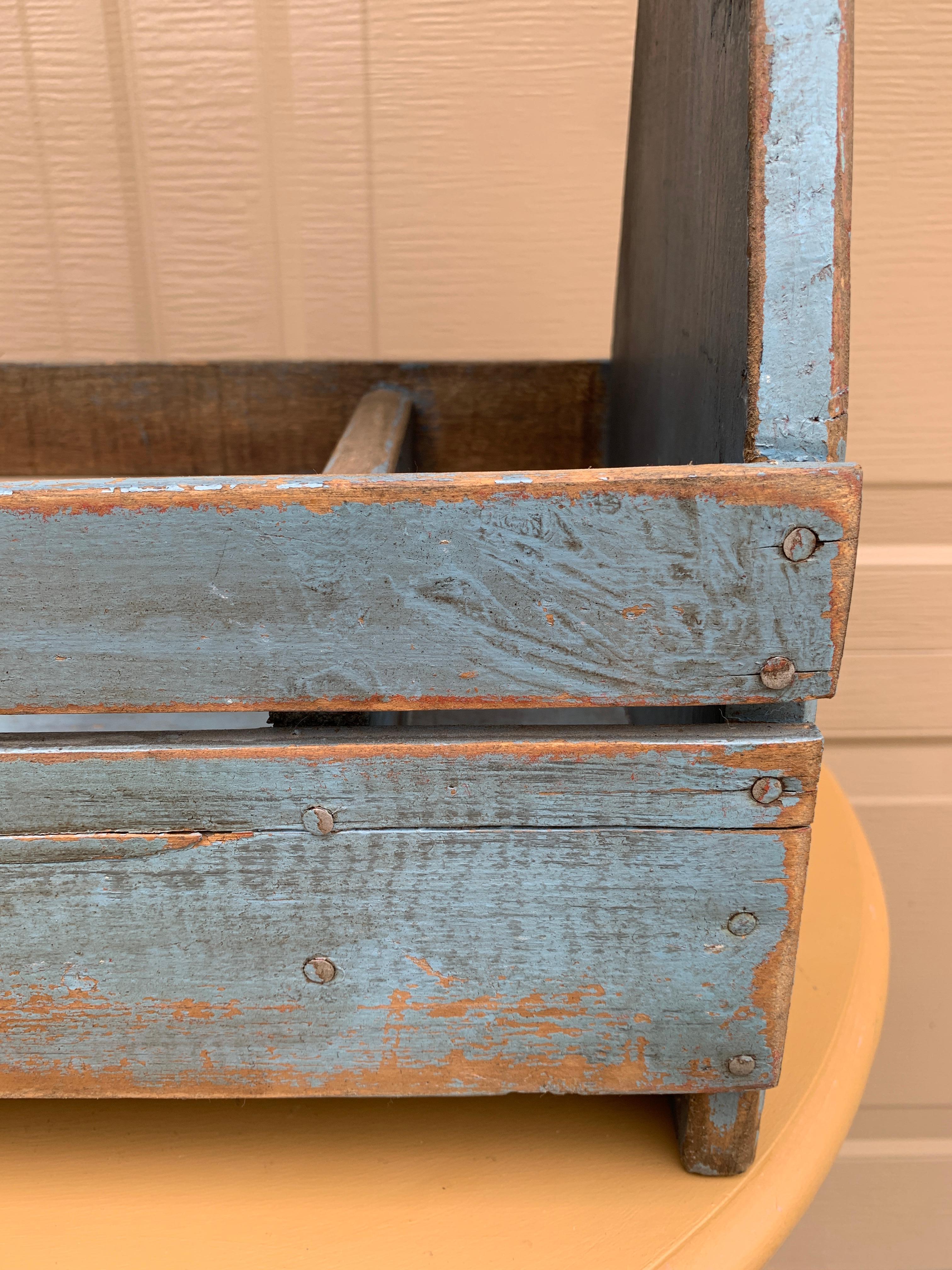 Antique Rustic Farmhouse Blue Wooden Trug or Tool Box For Sale 8