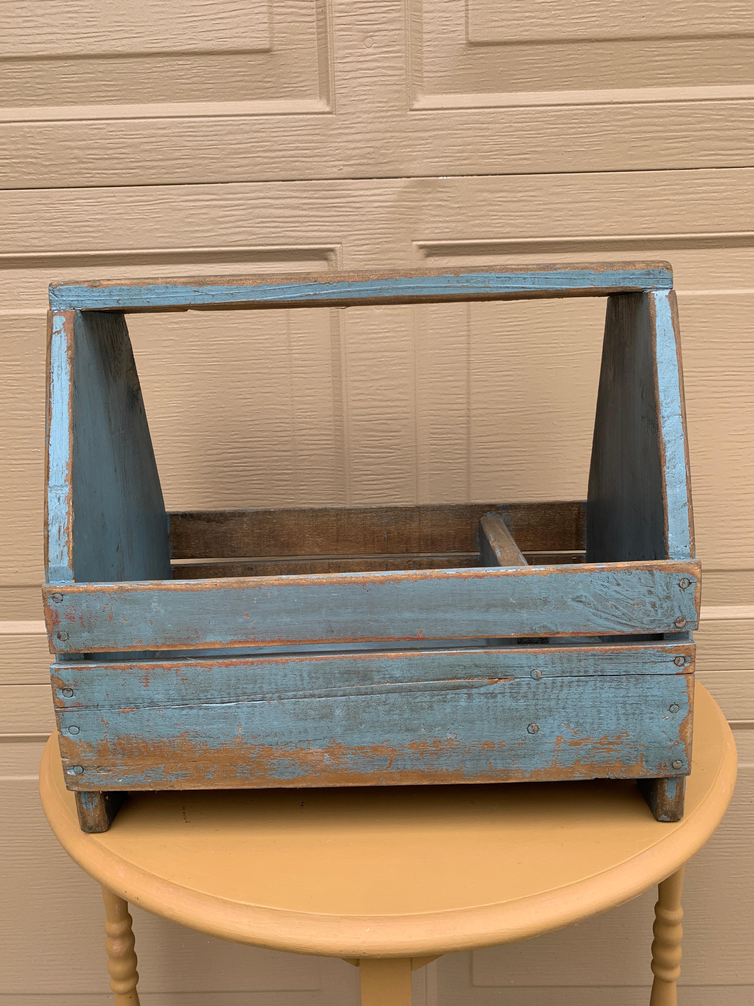 American Antique Rustic Farmhouse Blue Wooden Trug or Tool Box For Sale