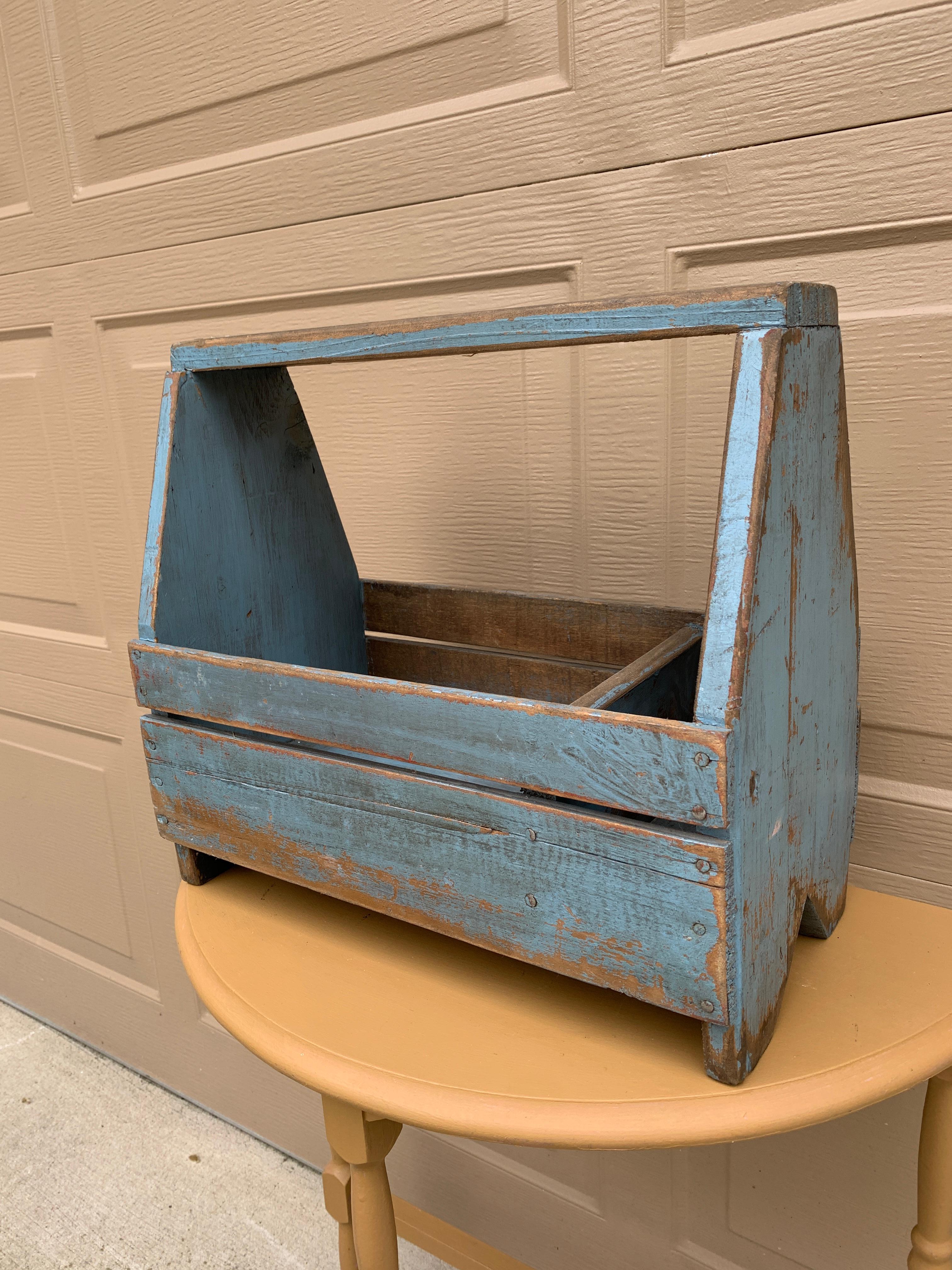 19th Century Antique Rustic Farmhouse Blue Wooden Trug or Tool Box For Sale