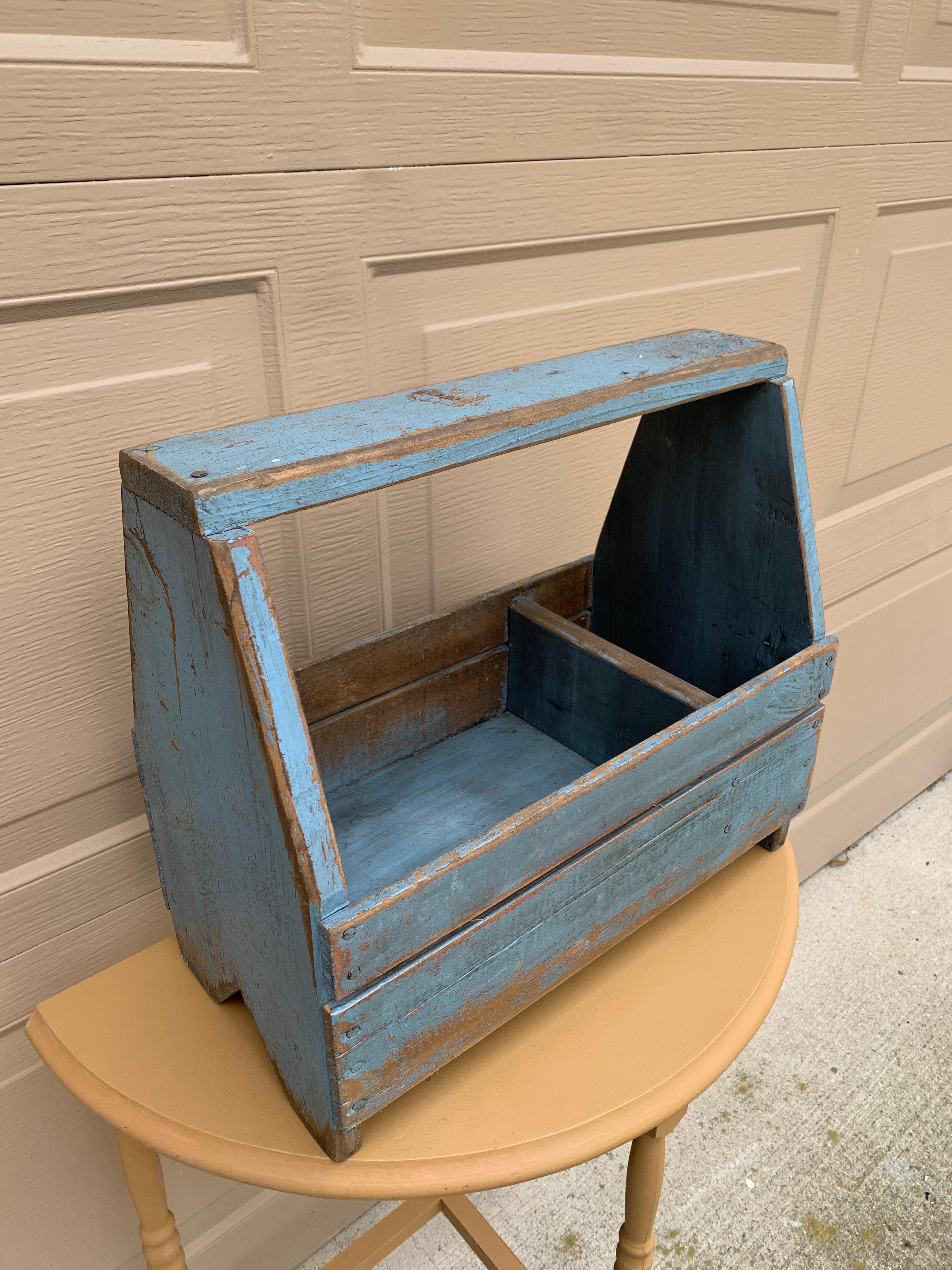 Antique Rustic Farmhouse Blue Wooden Trug or Tool Box For Sale 1
