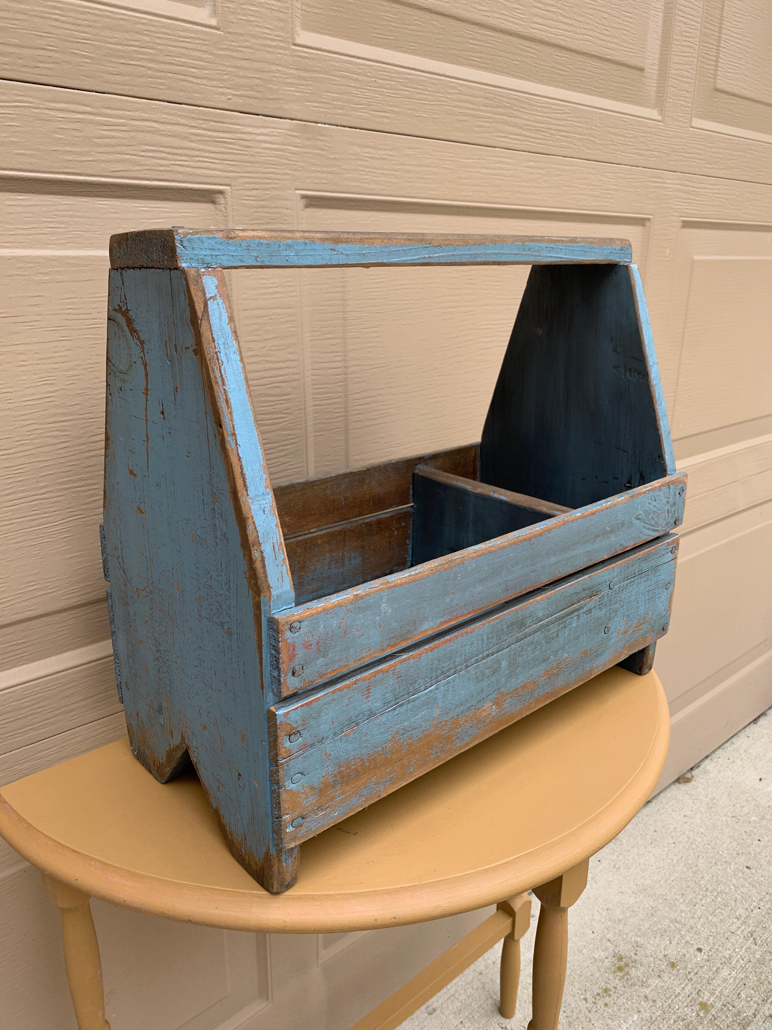 Antique Rustic Farmhouse Blue Wooden Trug or Tool Box For Sale 2