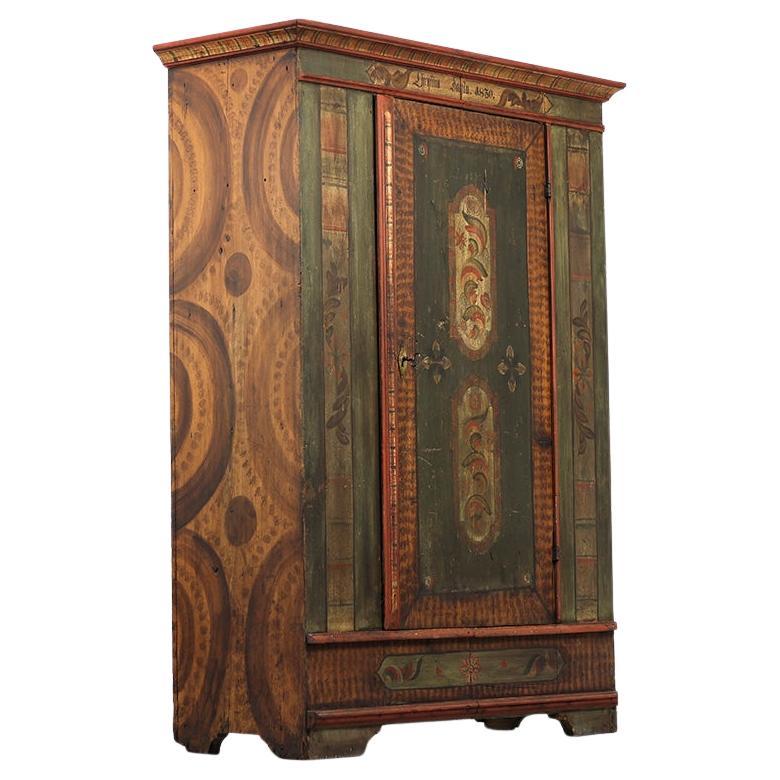 Antique Rustic Farmhouse Painted Folk Art Bridal Cabinet from 1830