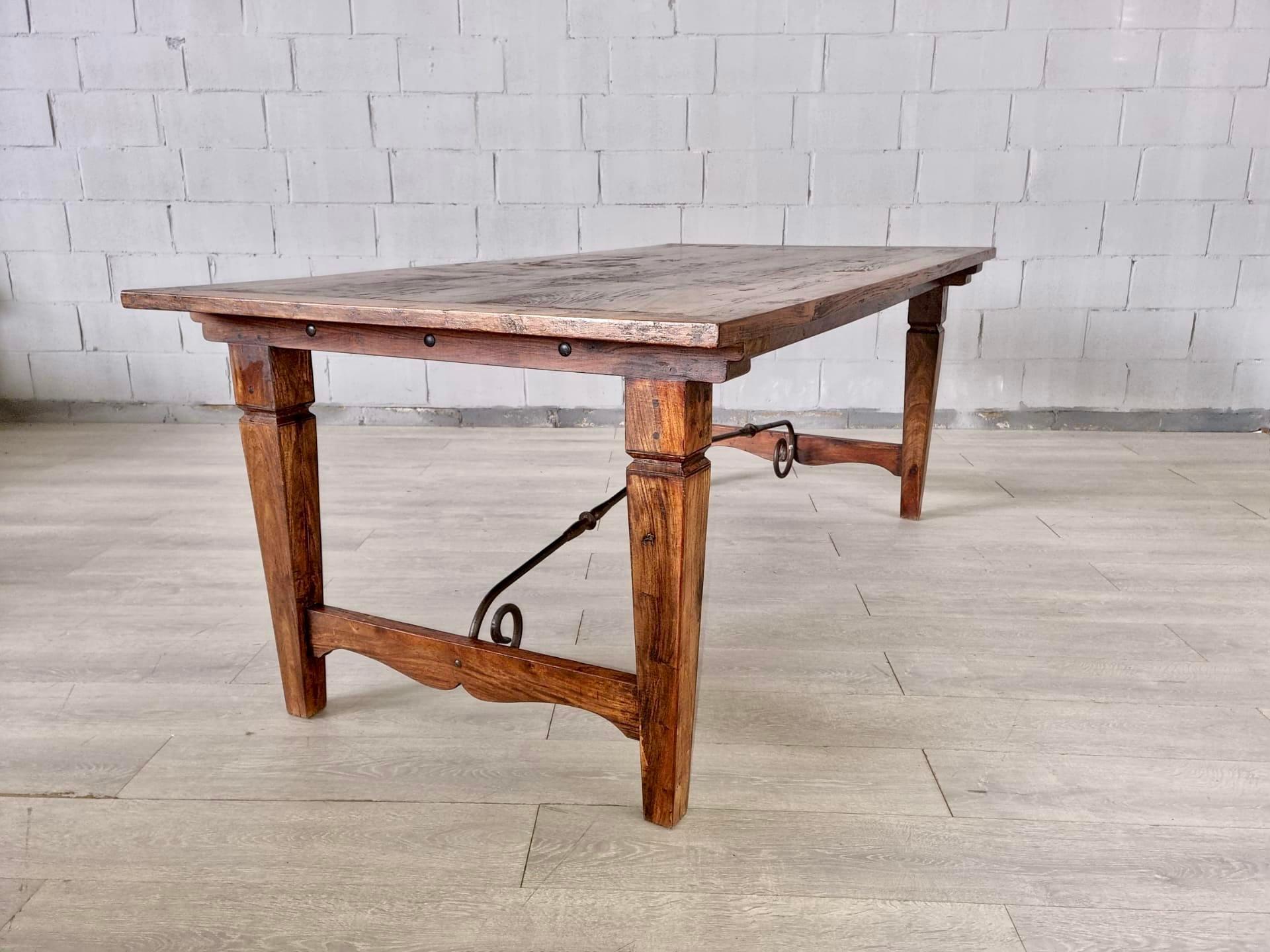 Antique Rustic Farmhouse Trestle Dining Table With Wrought Iron 2