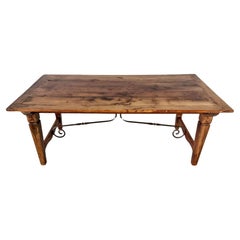 Antique Rustic Farmhouse Trestle Dining Table With Wrought Iron