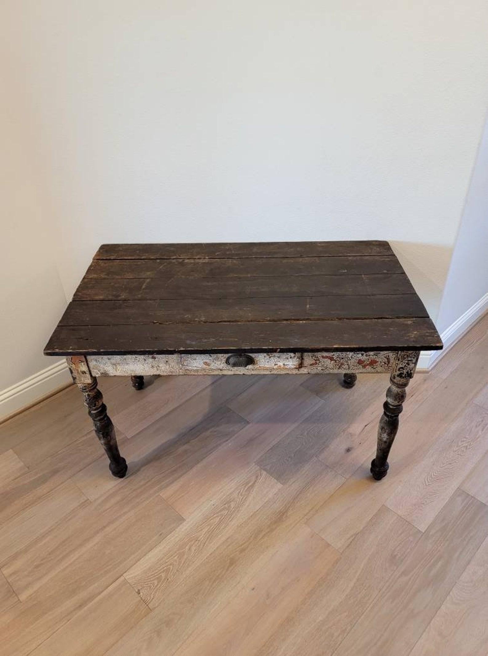 Antique Rustic French Painted Work Table In Fair Condition For Sale In Forney, TX
