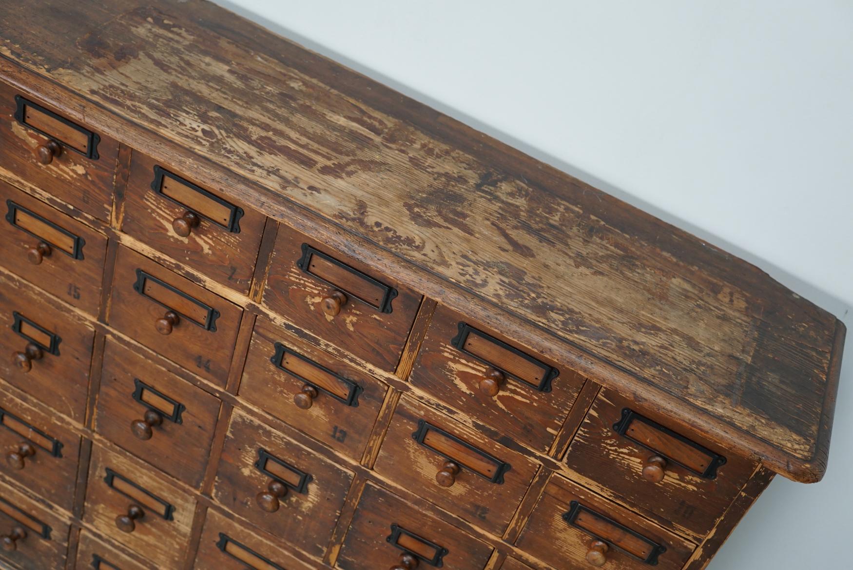 Antique Rustic German Pine Apothecary Cabinet / Bank of Drawers, Early 20thc 5
