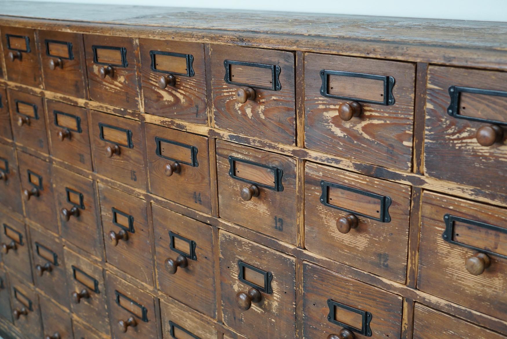 Antique Rustic German Pine Apothecary Cabinet / Bank of Drawers, Early 20thc 6