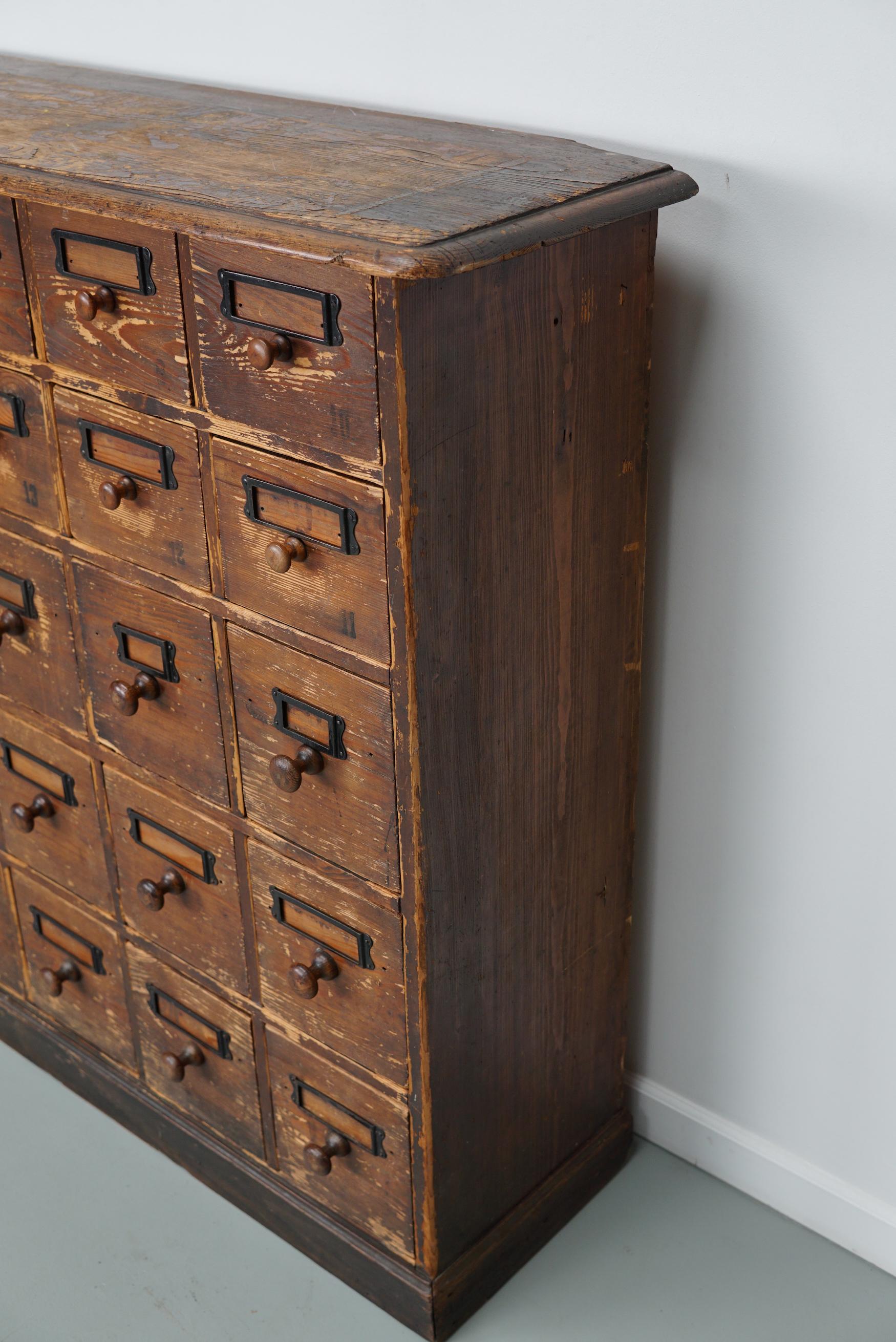 Antique Rustic German Pine Apothecary Cabinet / Bank of Drawers, Early 20thc 7