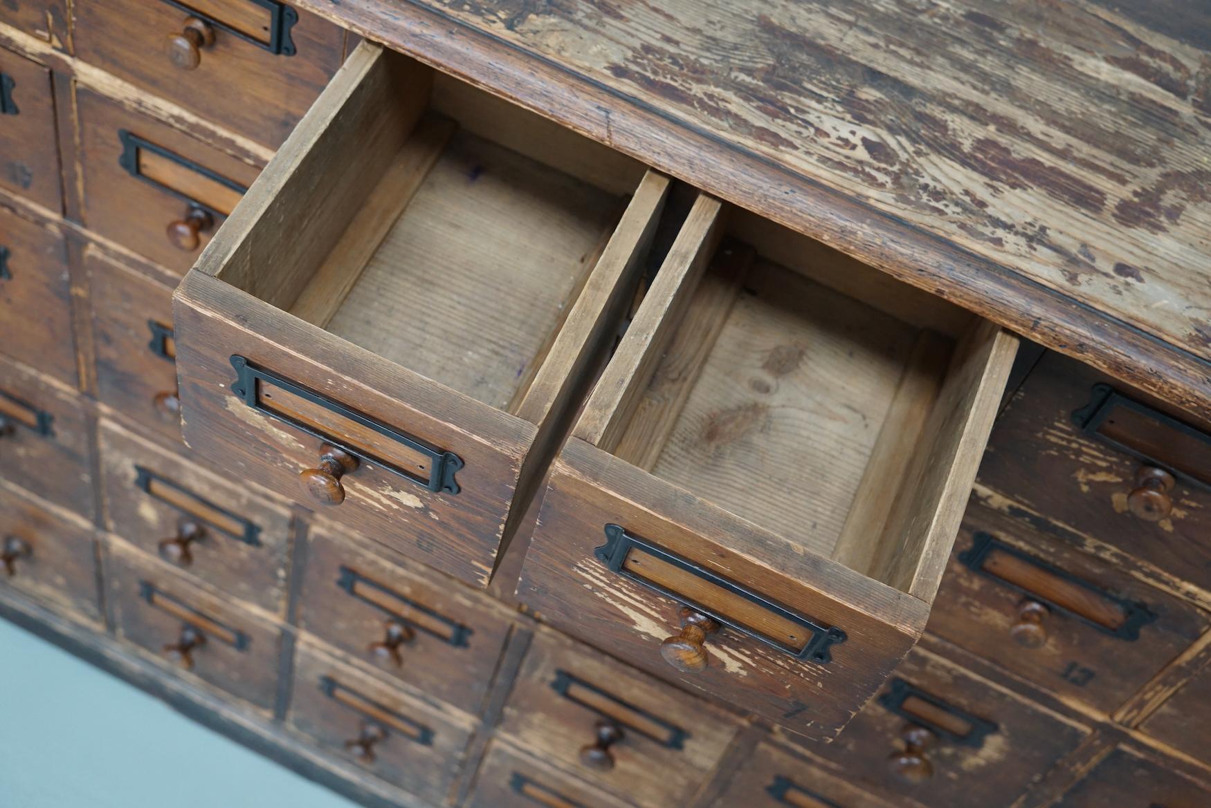 Antique Rustic German Pine Apothecary Cabinet / Bank of Drawers, Early 20thc 9