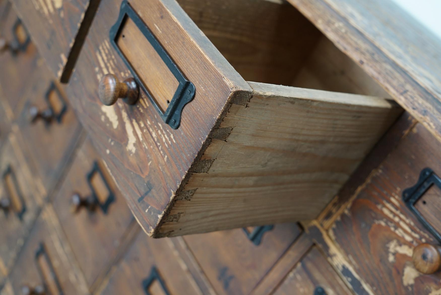 Antique Rustic German Pine Apothecary Cabinet / Bank of Drawers, Early 20thc 10