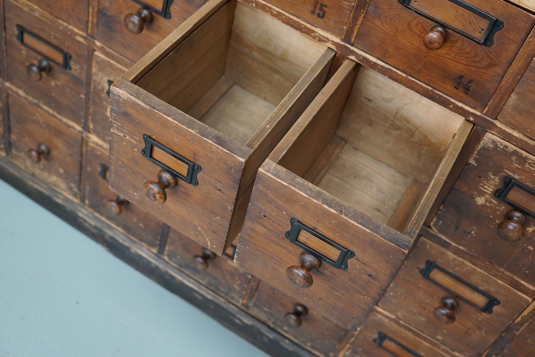 Antique Rustic German Pine Apothecary Cabinet / Bank of Drawers, Early 20thc 11
