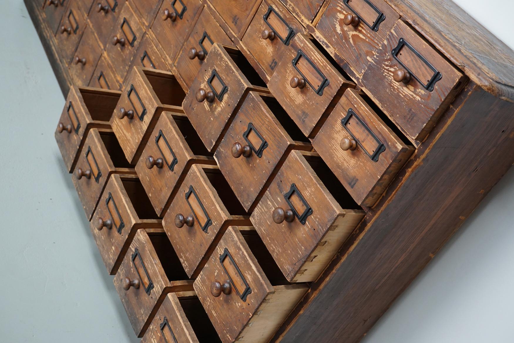 Industrial Antique Rustic German Pine Apothecary Cabinet / Bank of Drawers, Early 20thc