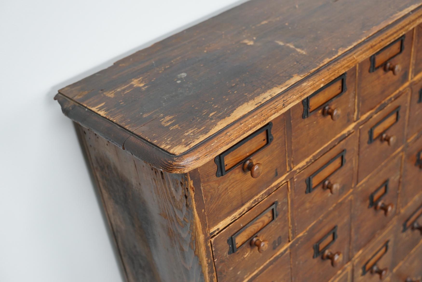Antique Rustic German Pine Apothecary Cabinet / Bank of Drawers, Early 20thc 1