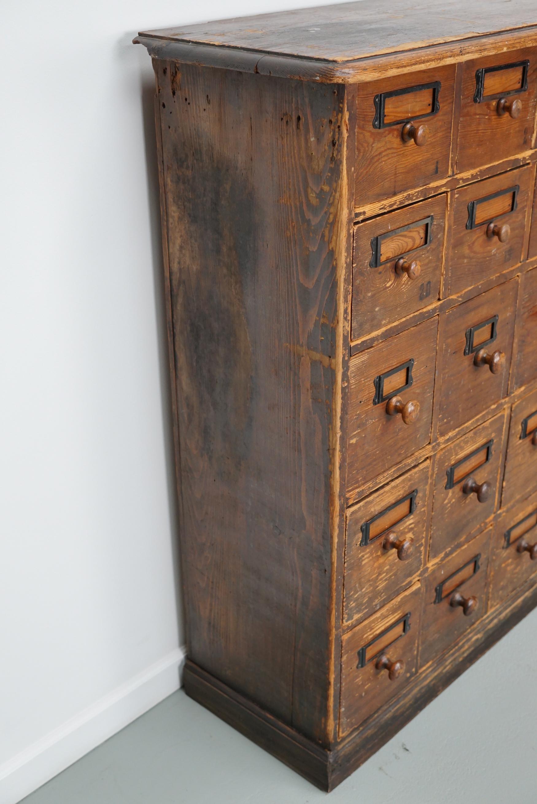 Antique Rustic German Pine Apothecary Cabinet / Bank of Drawers, Early 20thc 2