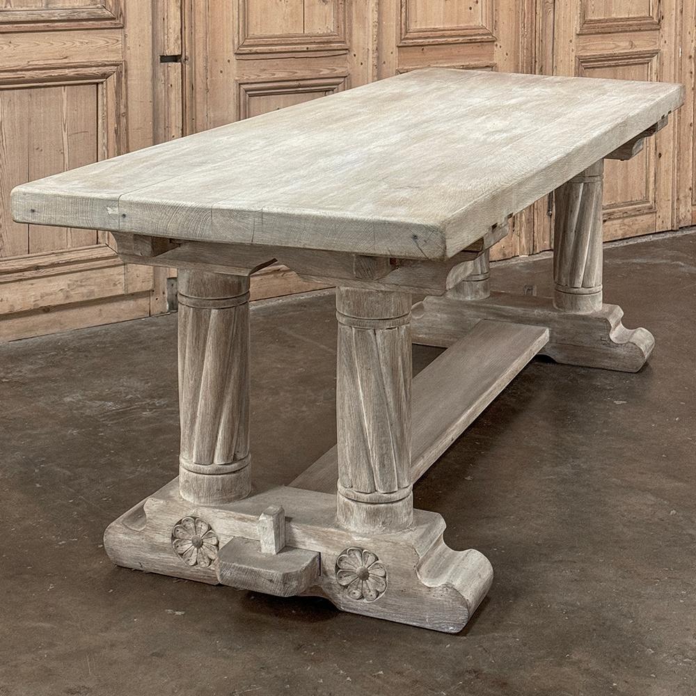 Antique Rustic Gothic Whitewashed Oak Dining Table For Sale 3