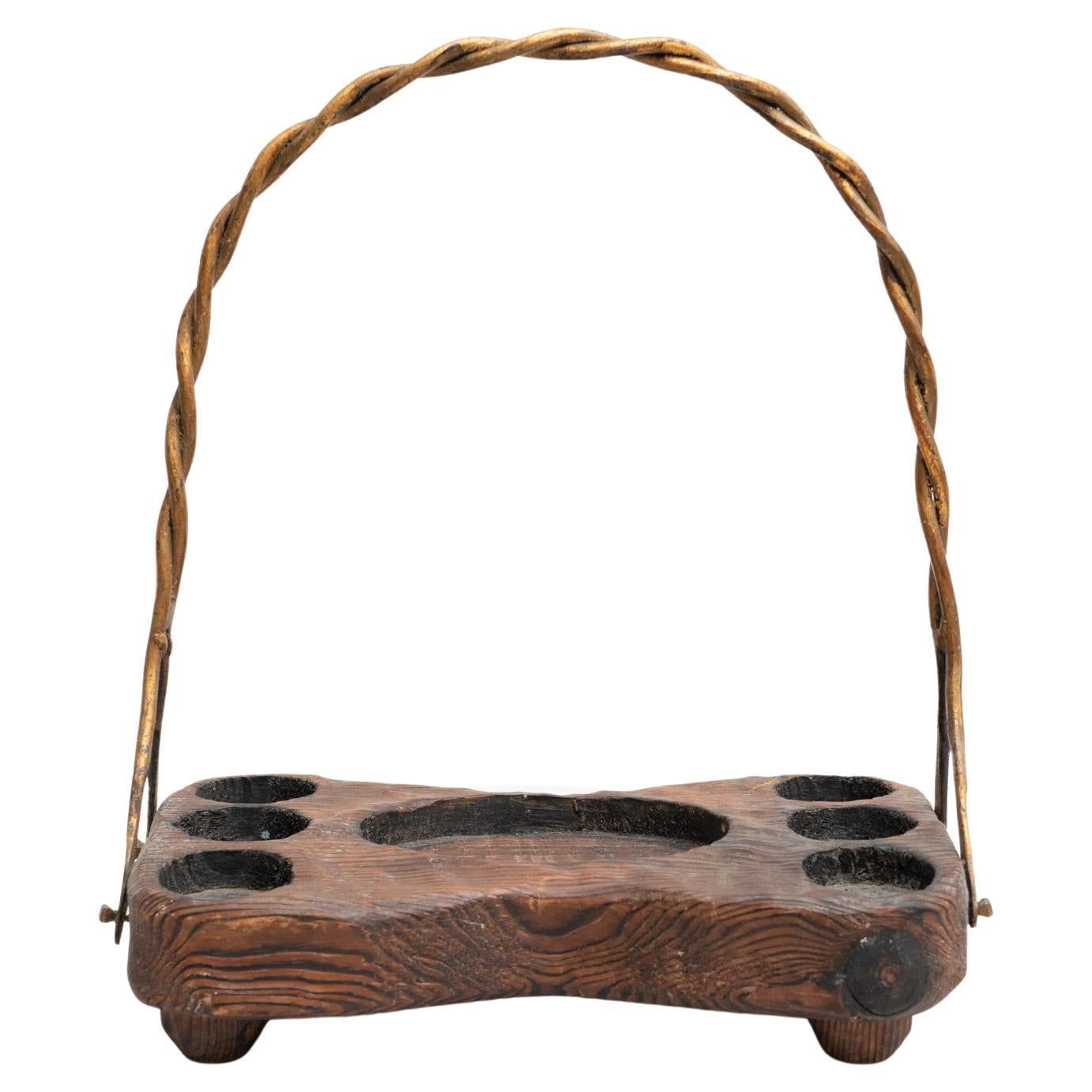 Antique Rustic Guited Iron and Wooden Tray, circa 1950 For Sale