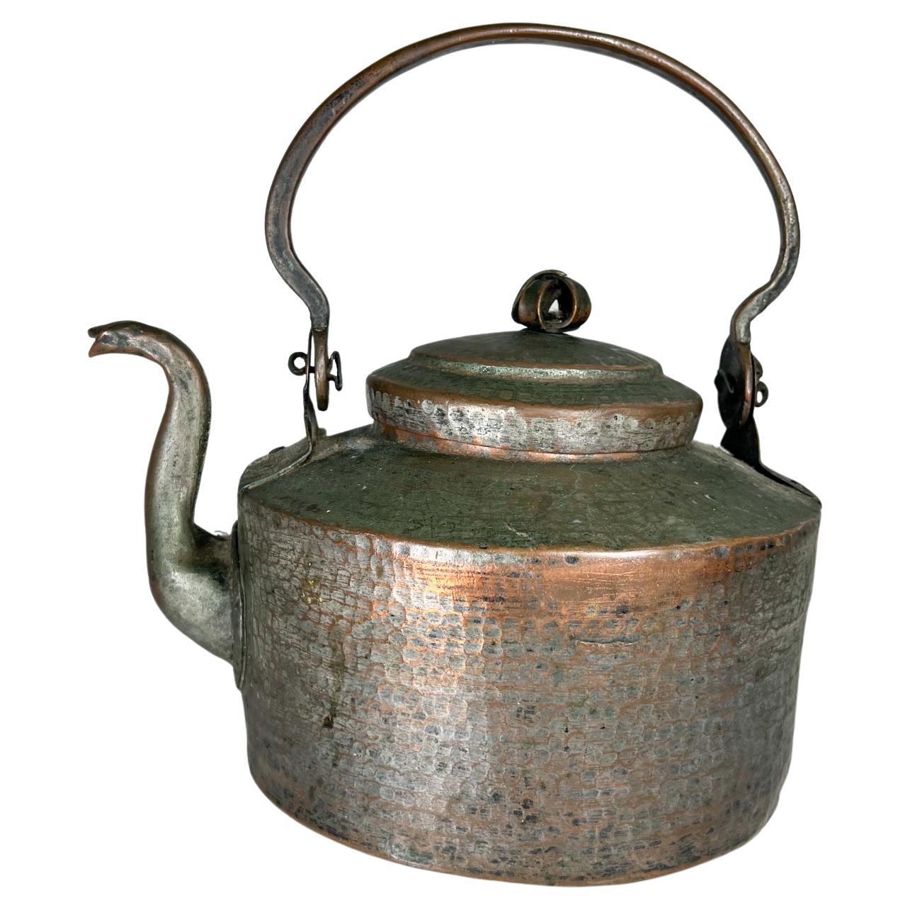 Antique Rustic Hammered Copper Tea Kettle with Flair For Sale